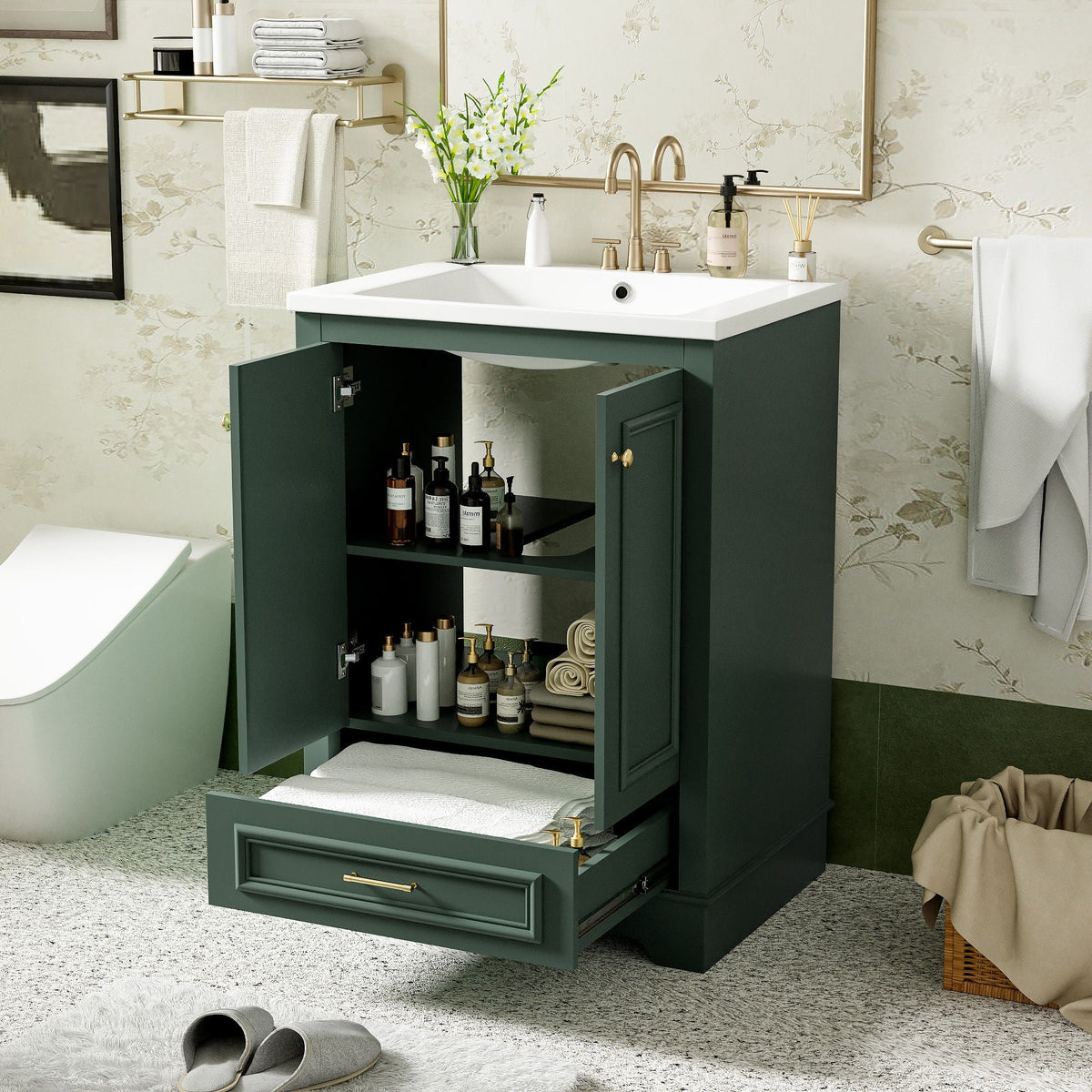 Bathroom Vanity With Ceramic Sink Combo, Modern Freestanding Storage Cabinet With Silver Handles, photo 20 of 28