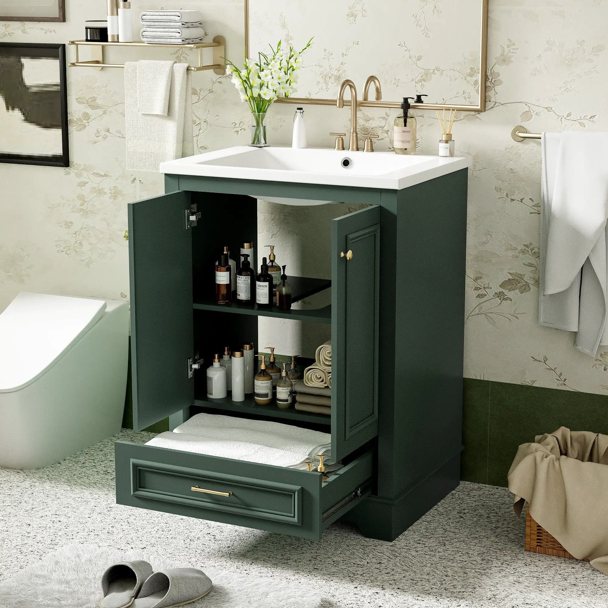 Bathroom Vanity With Ceramic Sink Combo, Modern Freestanding Storage Cabinet With Silver Handles by HouseOfZazla