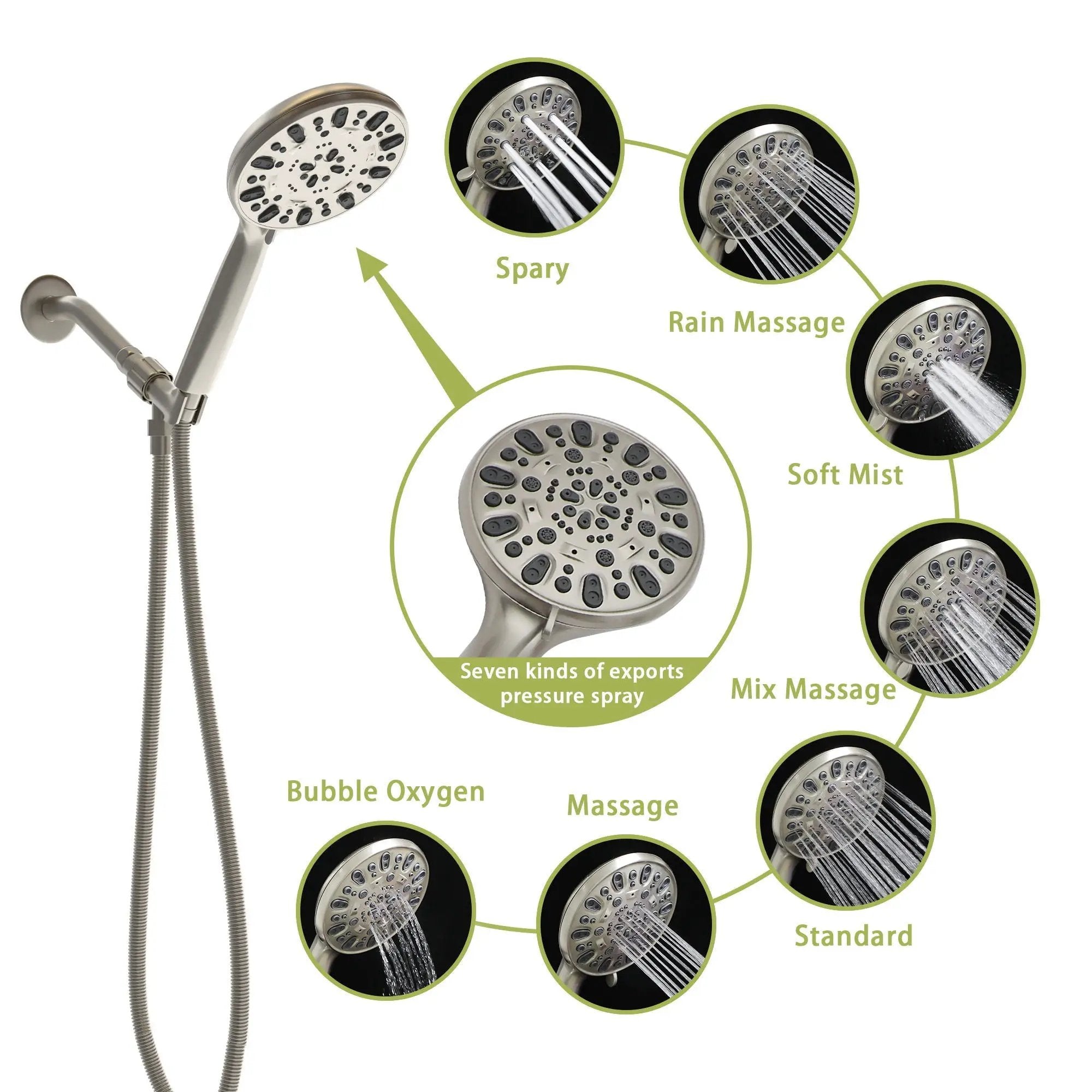 Multi Function Adjustable Hand Shower 7 Function Hand Shower, Wall Mounted - Brushed Nickel by HouseOfZazla