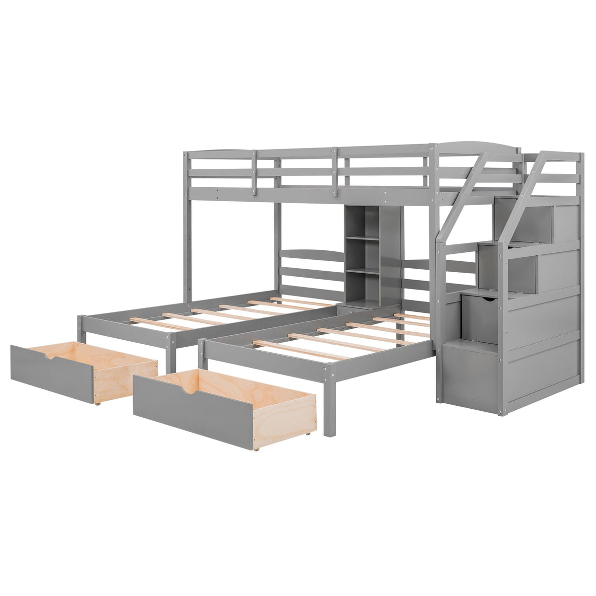 Gray Twin Over Twin & Twin Bunk Bed with Drawers, Staircase Storage, and Built-In Shelves, photo 7 of 14