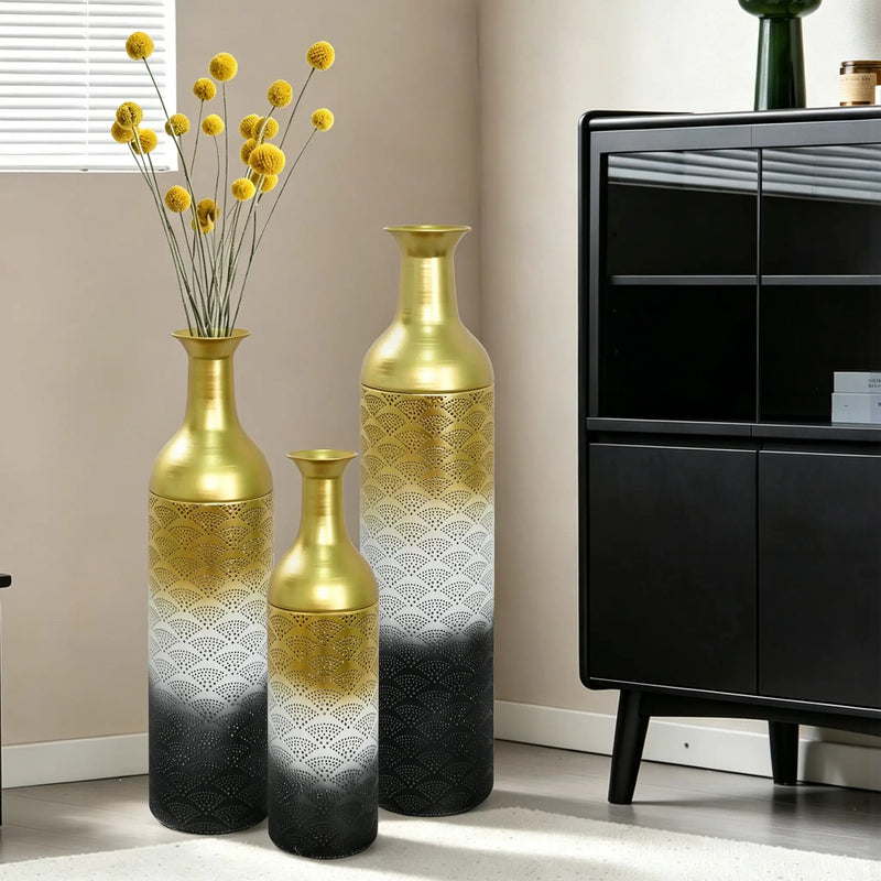 Decorative Metal Vases Set of 3, Leaf Pattern Floor Vases by HouseOfZazla