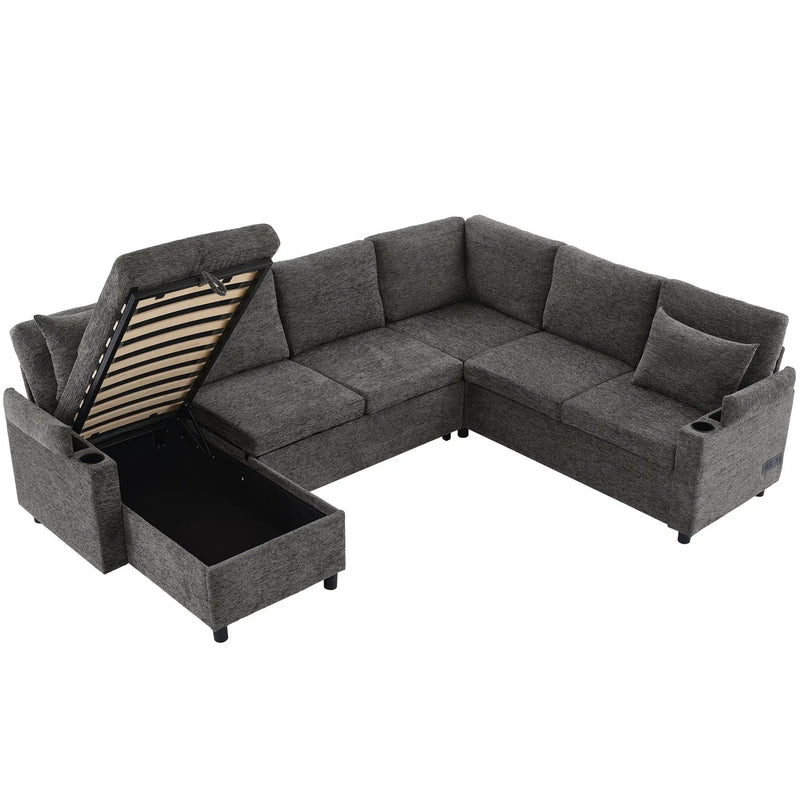 U-Shaped Sectional Sleeper Sofa With Ample Storage Space, 2 Cup Holders And Charging Ports For Living Room by HouseOfZazla