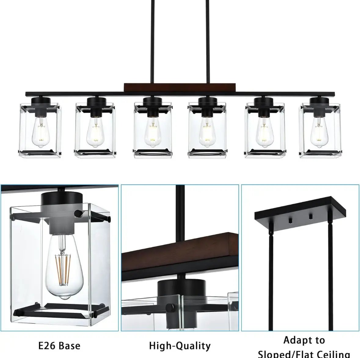 TULUCE 6 Light Farmhouse Chandelier Lighting Vintage Pendant Lighting Clear Glass Shade Flush Mount Lighting Fixture Black Pendant Lamp for Entryways, by Selzalot