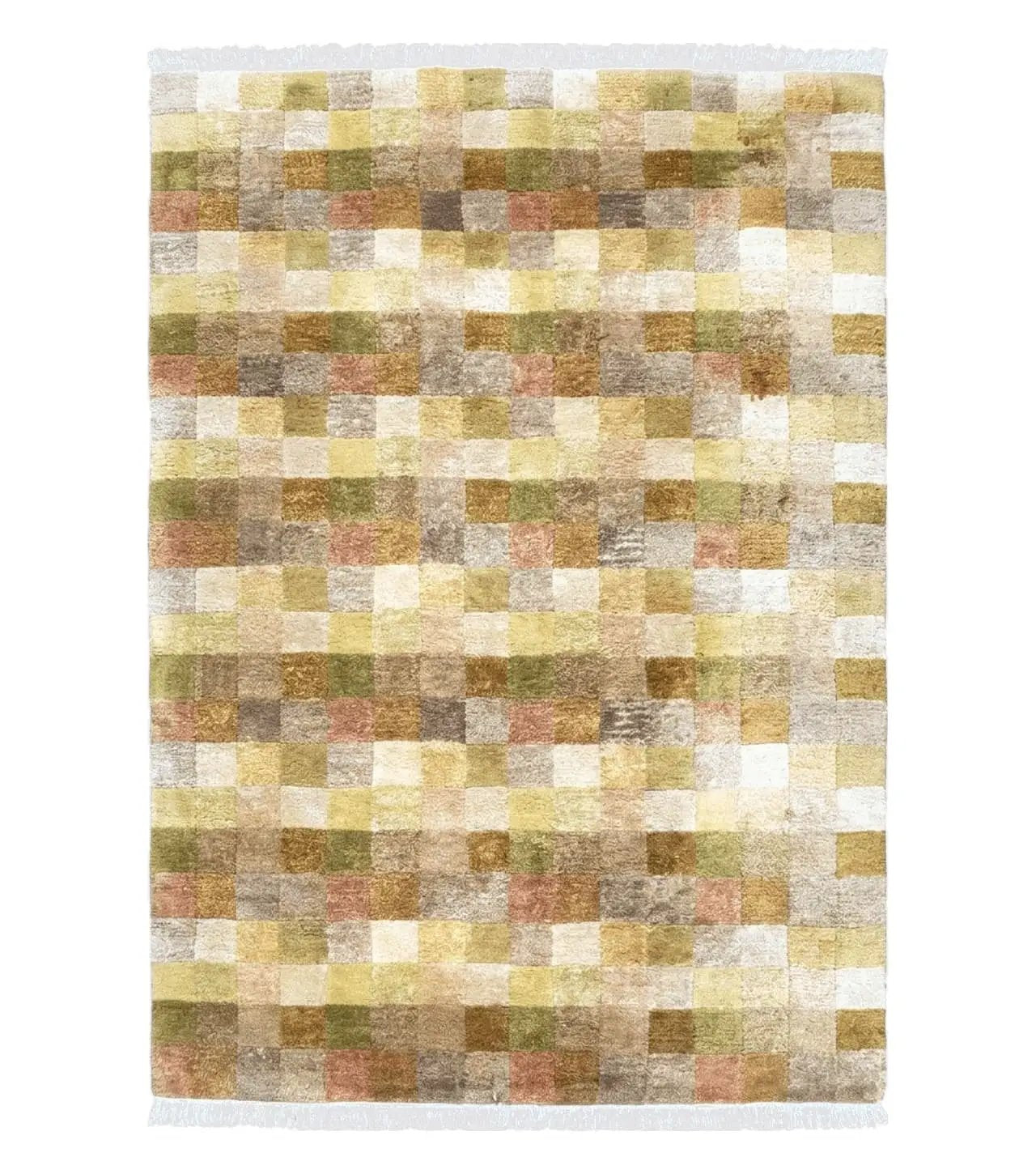 4x6 Tibetan Rug, Modern Abstract Handmade Area Rug, Checkerboard Pattern, Neutral Ivory Gold Tan Colors, Soft Pile, Mid Sized Rug, Nepali by Jewel Rugs