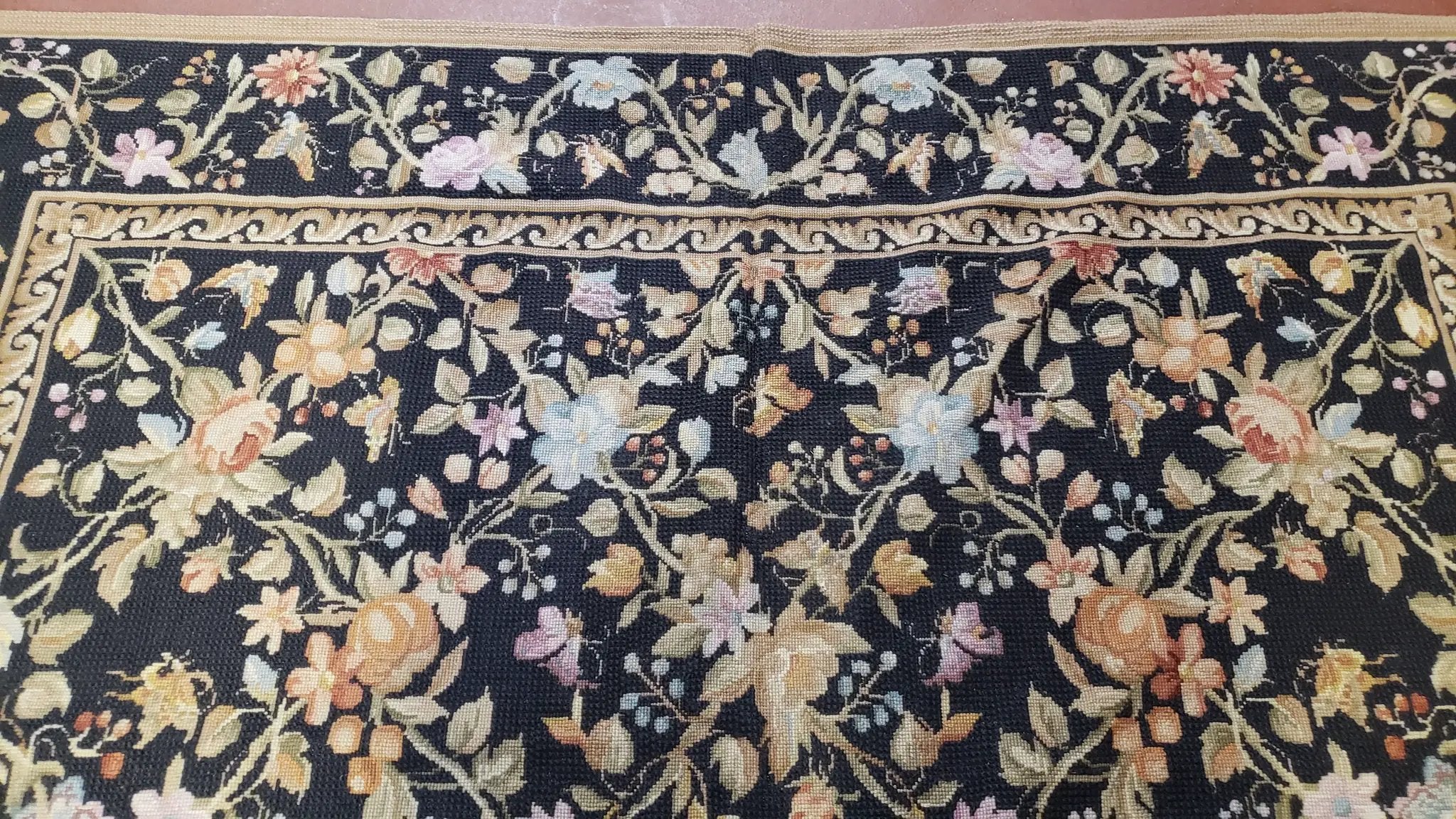 6x9 Vintage Needlepoint Rug, Petitepoint Carpet, Butterflies Floral Design by Jewel Rugs