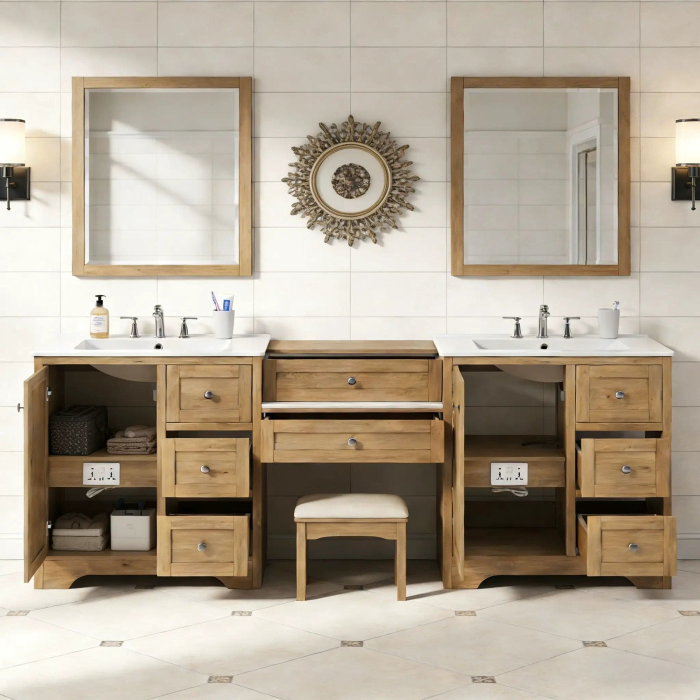 Double Sink Bathroom Vanity With Countertop, 2 Ceramic Sinks, 6 Drawers by HouseOfZazla