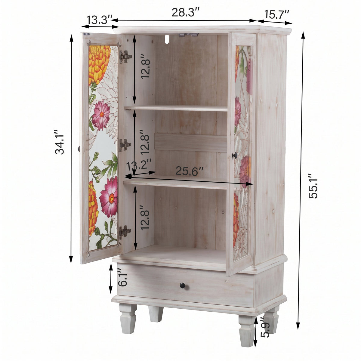 French Country Accent Cabinet with 2 Glass Doors and Drawers - White Antique, photo 7 of 10