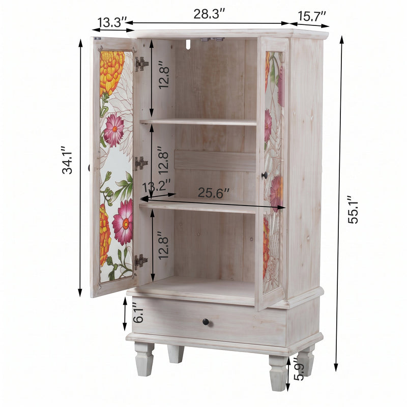 French Country Accent Cabinet with 2 Glass Doors and Drawers - White Antique, photo 7 of 10