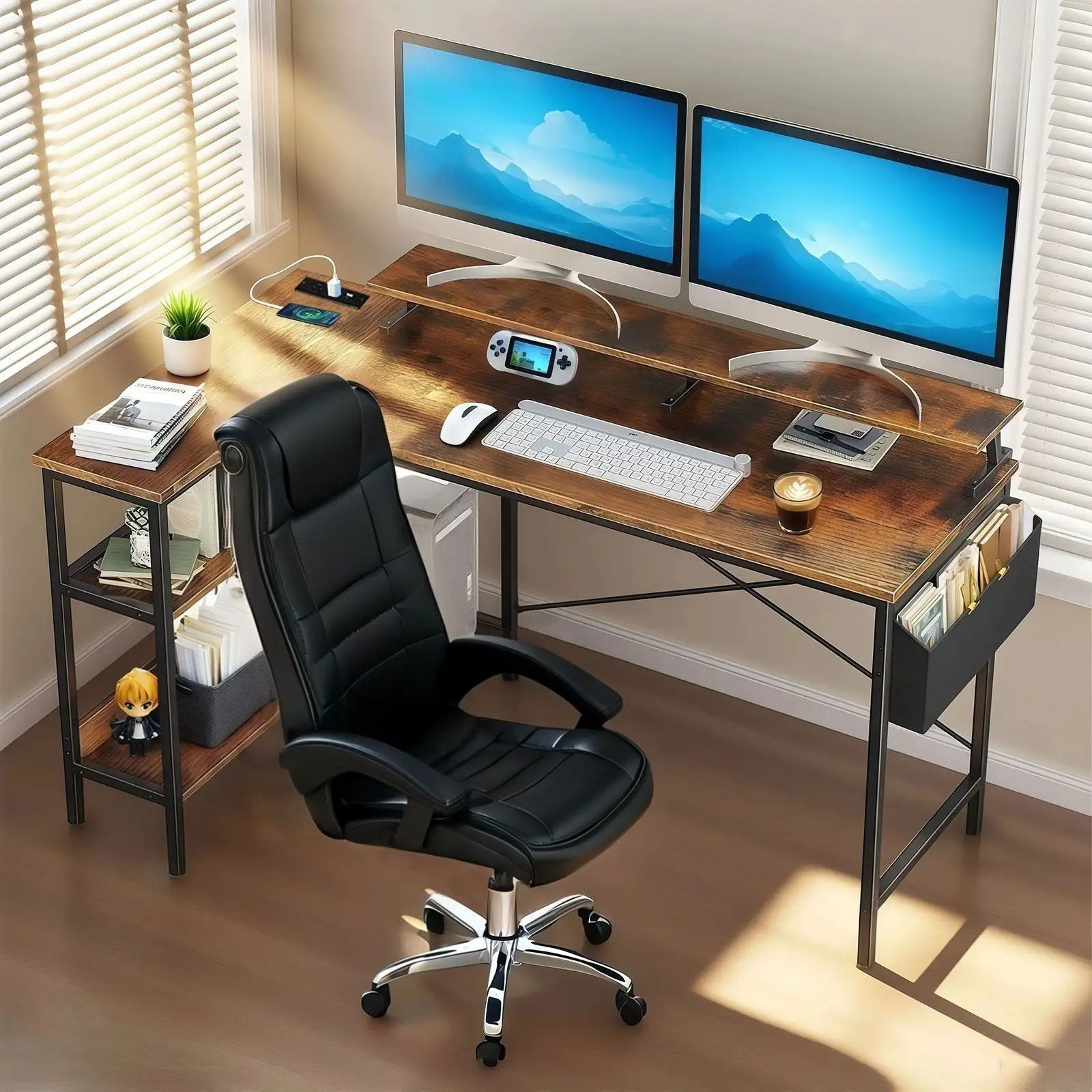 L-Shaped Gaming Desk With Power Outlets, Monitor Stand & Storage Shelves, Reversible Corner Workstation - Black / Brown by Unique Piece Furniture