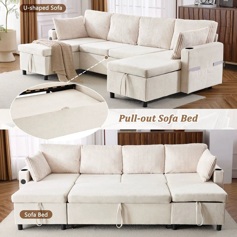 Sectional Sofa Bed With Pull Out Sleeper, USB Ports, Cup Holders by HouseOfZazla