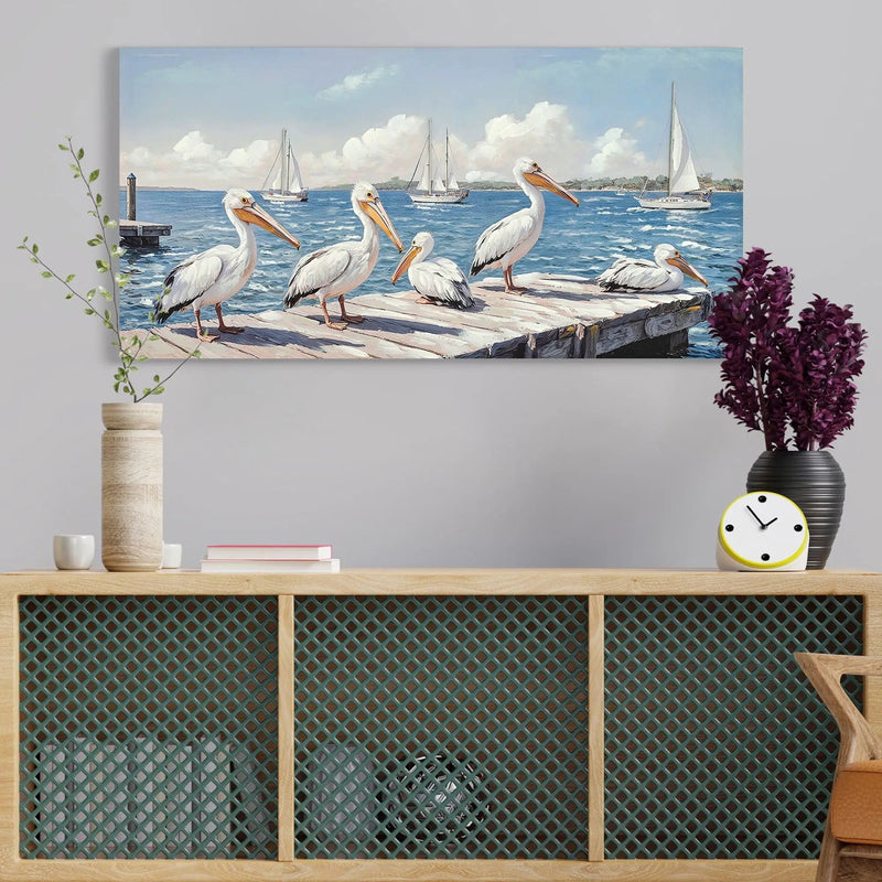 Beach Wall Art Large Ocean Seagull Canvas Pictures For Living Room - Ivory / Navy by HouseOfZazla