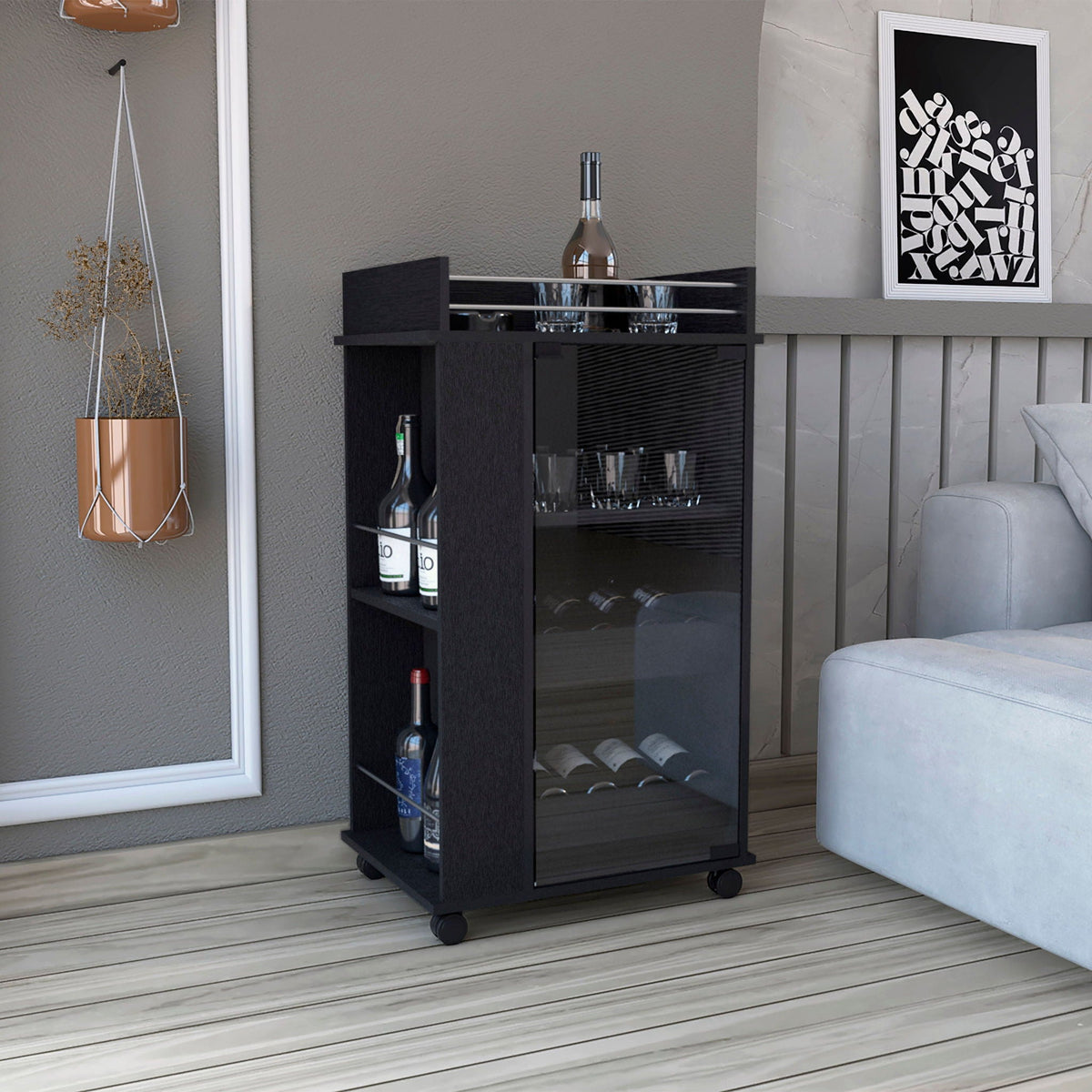 Bar Cart with Glass Door and 2 Side Shelves - Black, photo 4 of 5