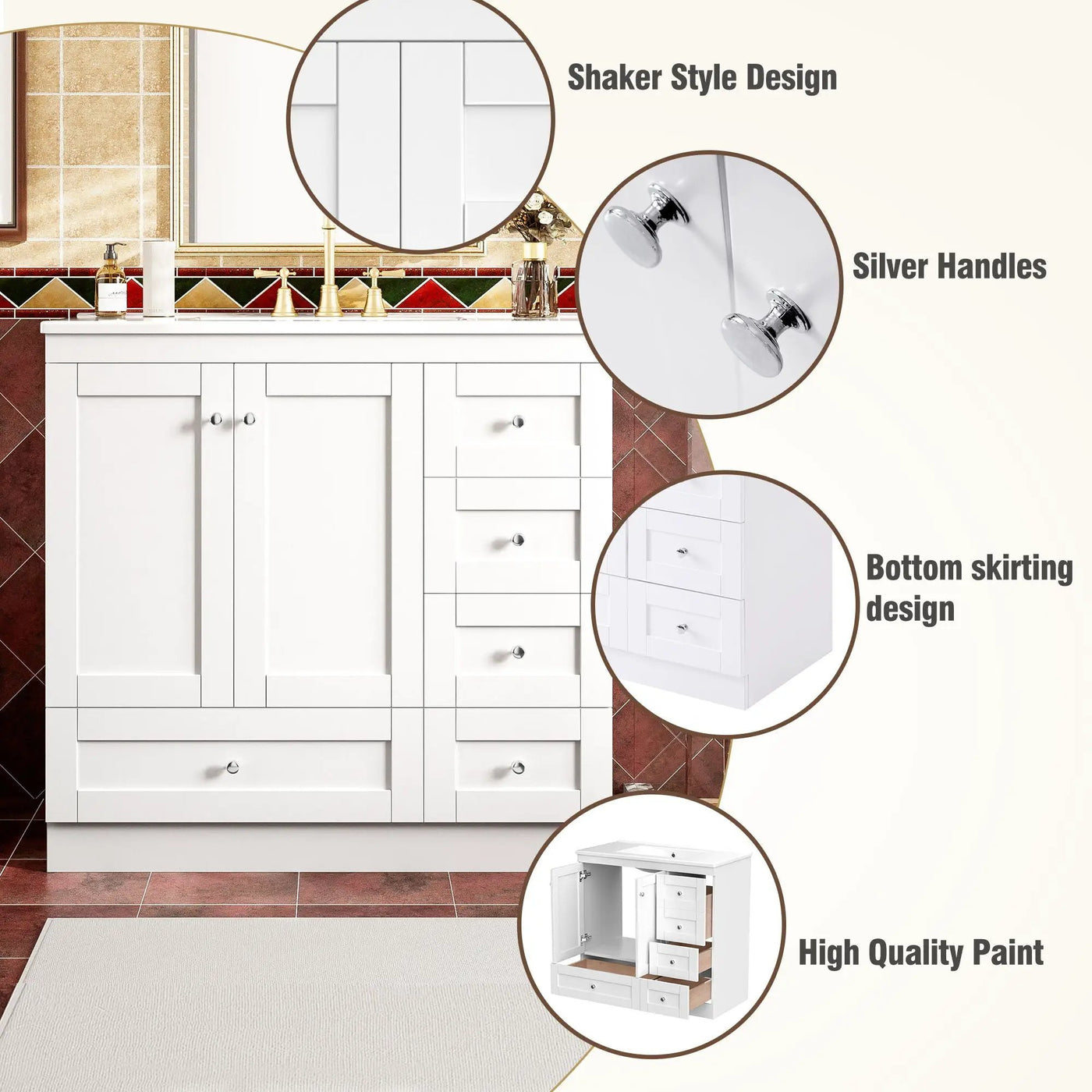 Shaker Free Standing Bathroom Vanity Cabinet & Sink, Soft Close Drawers, Soft Close Doors by Unique Piece Furniture