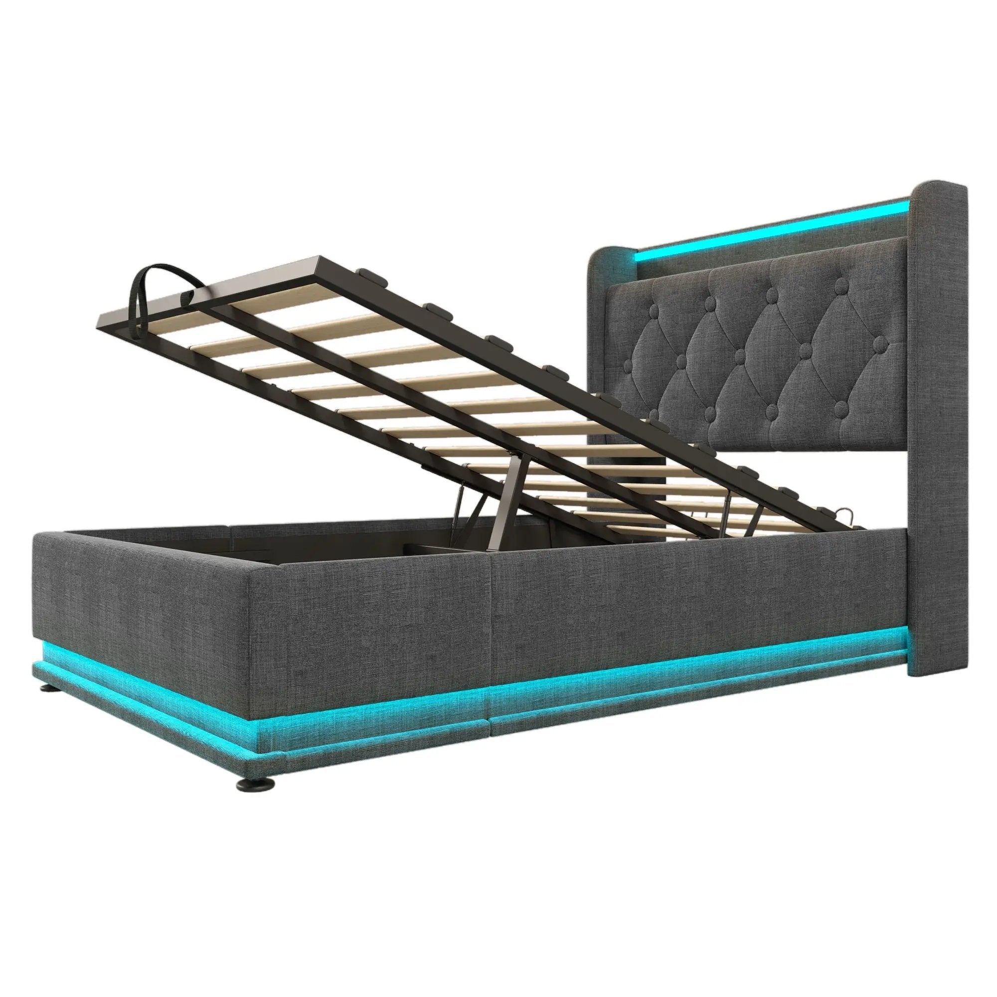 Upholstered Bed, 360 Surround LED Function, Remote Control, Hydraulic Storage Bed With USB, Type-C Charging (Without Mattress) by HouseOfZazla