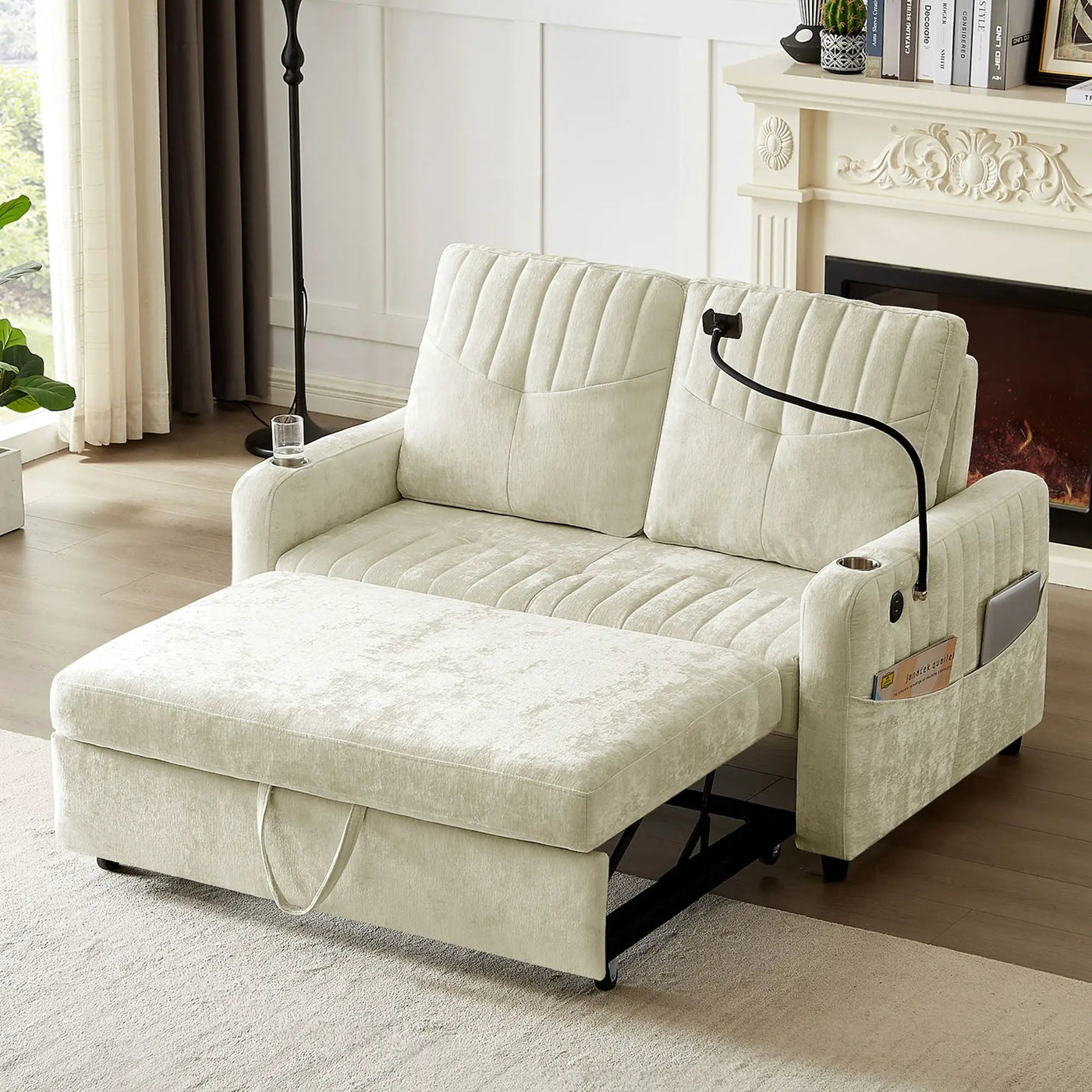 Modern Loveseat Pull Out Sofa Bed With Adjustable Backrest, Two Cup Holders, A Phone Holder, Three Charging Ports And Side Storage Pockets For Living Room by Unique Piece Furniture