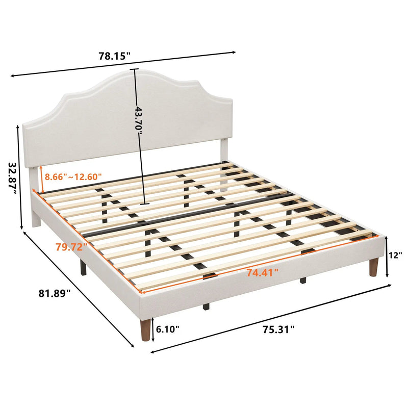 King Size, Upholstered Platform Bed Frame With Adjustable Headboard, No Box Spring Needed - White by HouseOfZazla