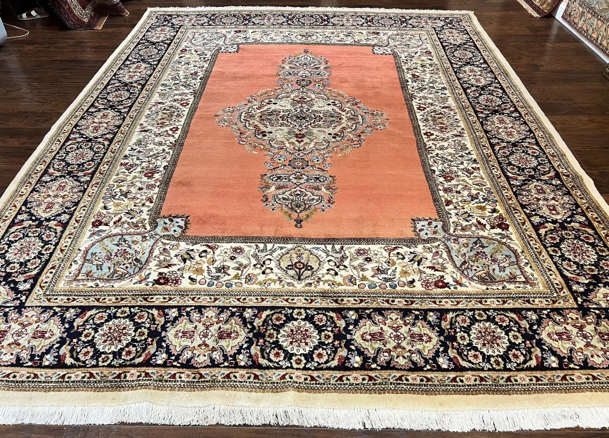 Persian Tabriz Rug 10x13, Wool Hand Knotted Vintage Carpet, Salmon Red & Ivory, Semi Open Field, Birds & Animal Motifs, Large Rug by Jewel Rugs