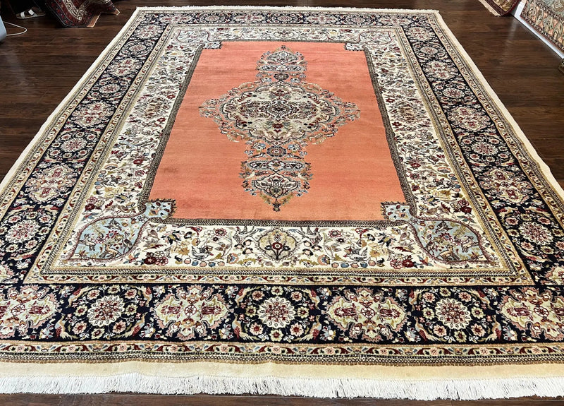 Persian Tabriz Rug 10x13, Wool Hand Knotted Vintage Carpet, Salmon Red & Ivory, Semi Open Field, Birds & Animal Motifs, Large Rug by Jewel Rugs