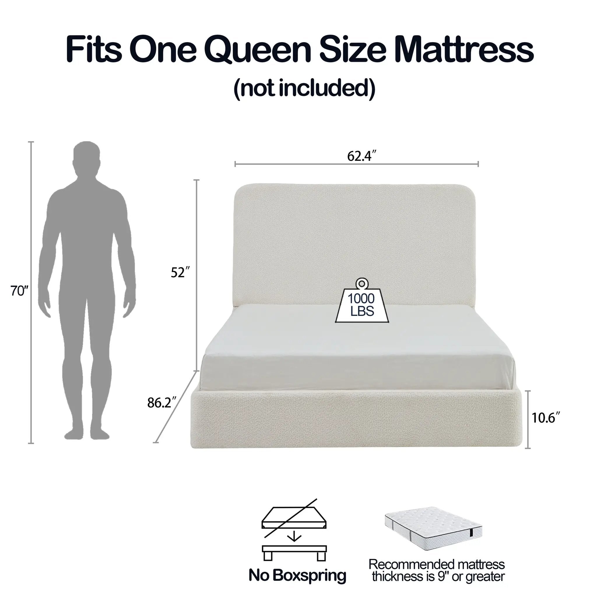 Canter Tall Headboard Upholstered Bed in Pearl White Chenille, Queen Size by HouseOfZazla