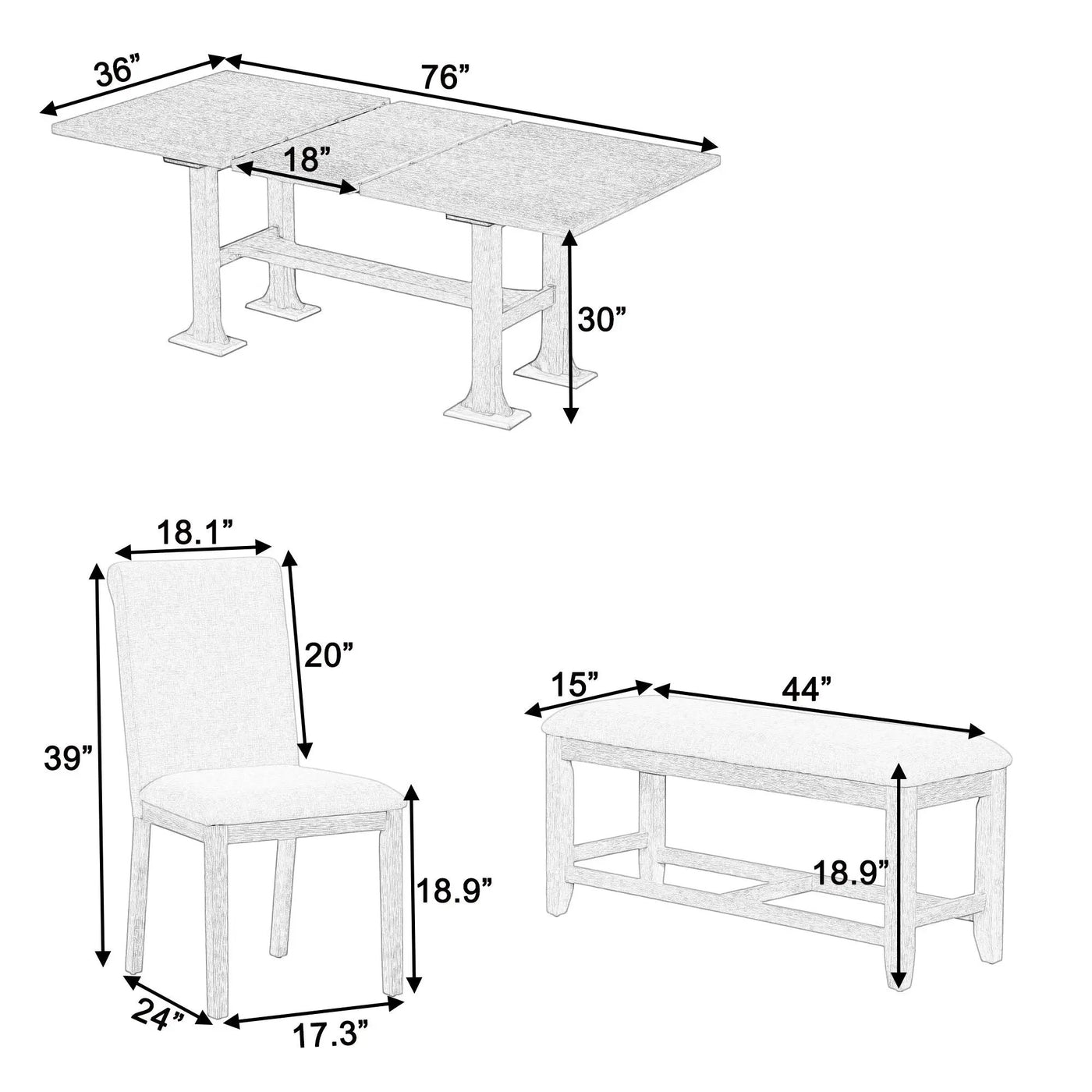 Topmax - 6 Piece Farmhouse Extendable Dining Table Set Trestle Kitchen Table Set With Removable Leaf And Upholstered Dining Chair And Bench For Dining Room by Unique Piece Furniture