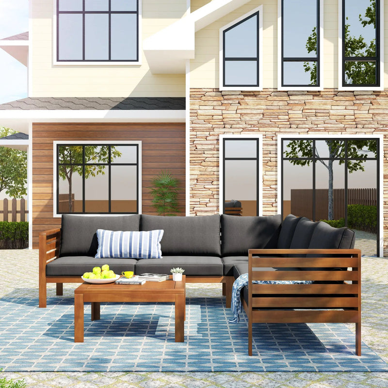 Wood Structure Outdoor Sofa Set with Gray Cushions by HouseOfZazla