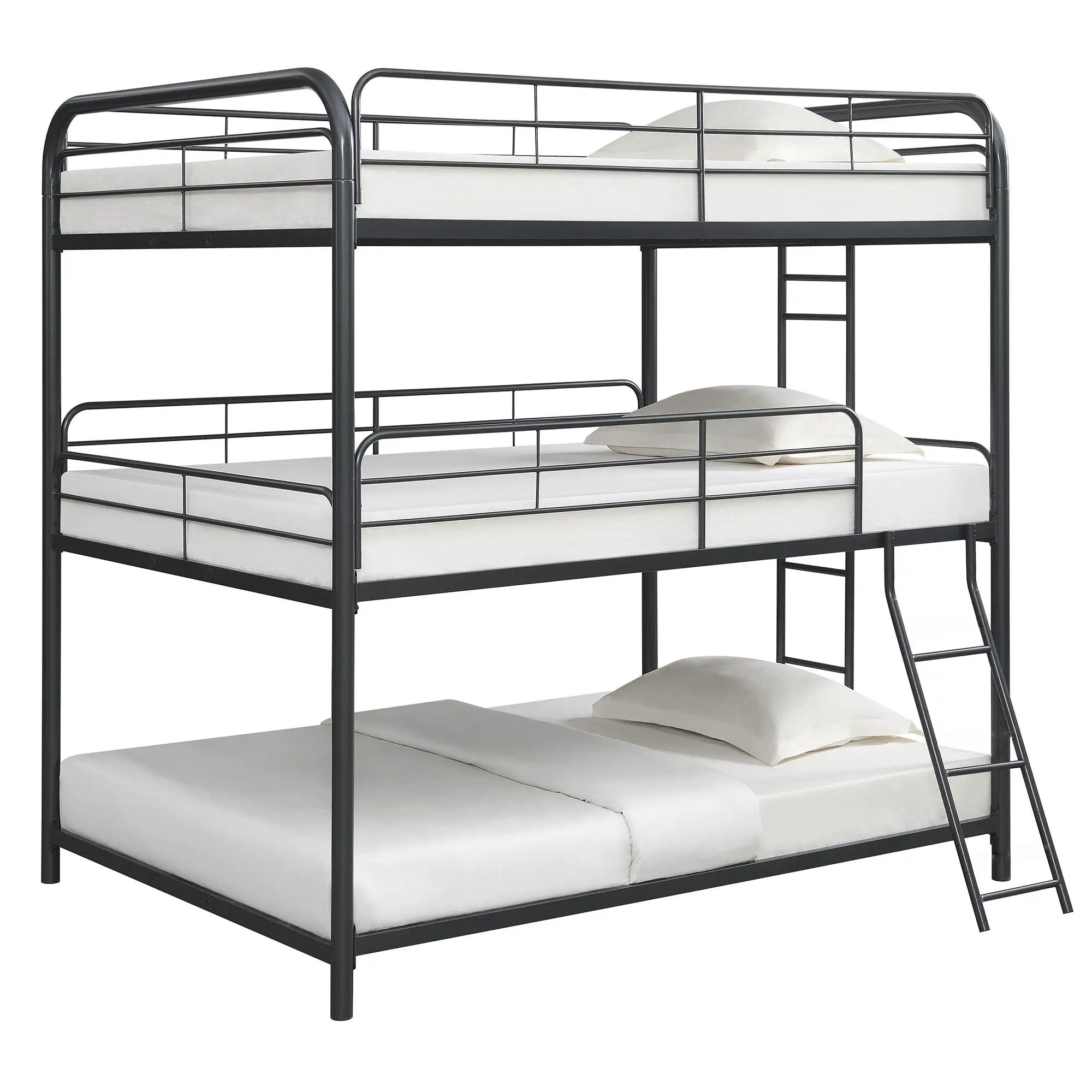 Triple Bunk Bed, Full Size With Sturdy Metal Frame And Safe Stairs - Black by HouseOfZazla
