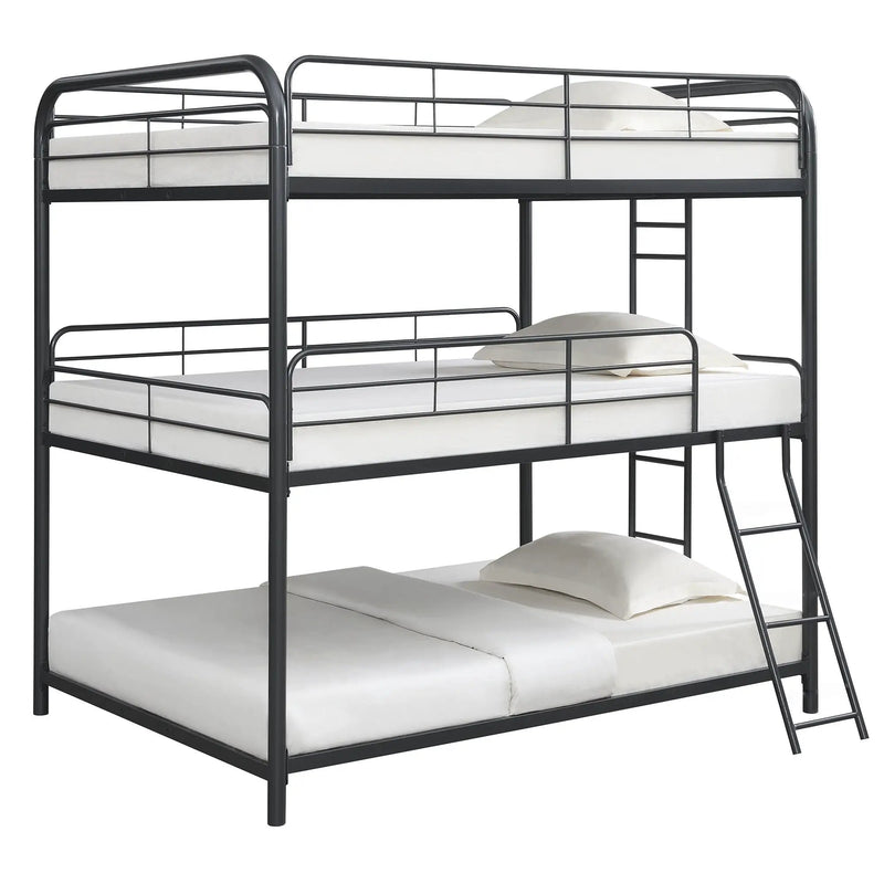 Triple Bunk Bed, Full Size With Sturdy Metal Frame And Safe Stairs - Black by HouseOfZazla