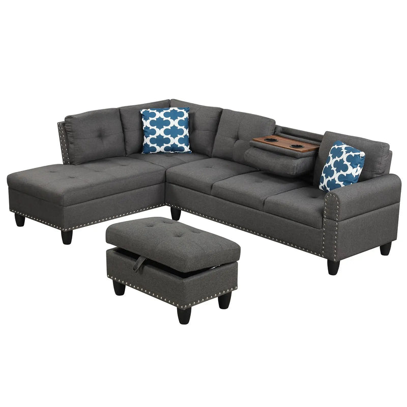 98 Inches Sectional Sofa Couch with Movable Storage Ottoman and Linen Fabric Backs by DirectDeals