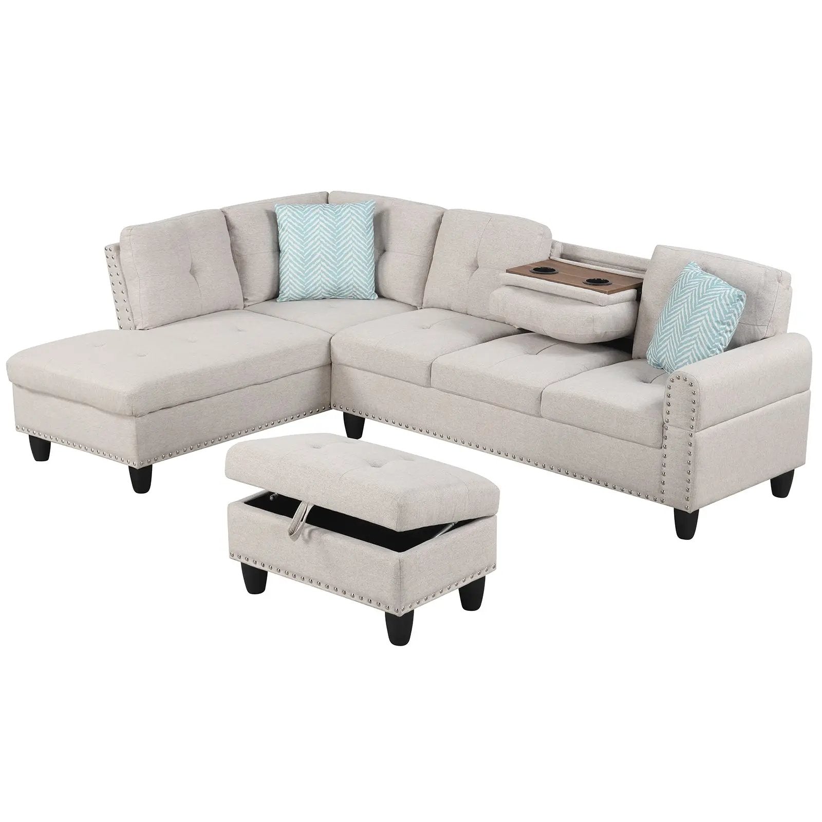 98 Inches Sectional Sofa Couch with Movable Storage Ottoman and Linen Fabric Backs by DirectDeals