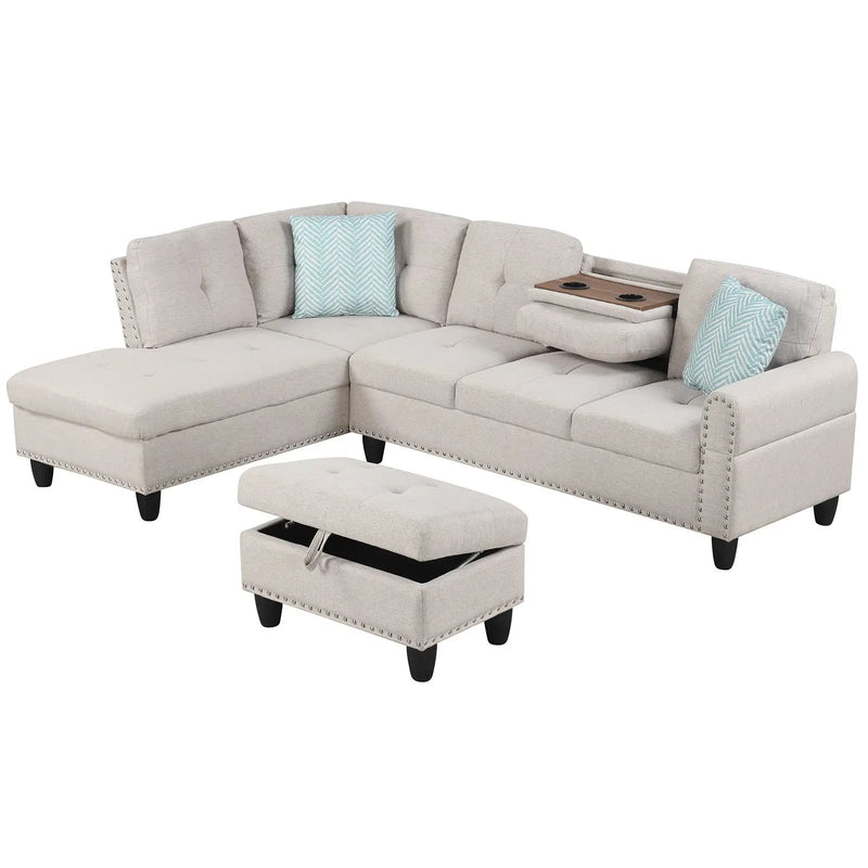 98 Inches Sectional Sofa Couch with Movable Storage Ottoman and Linen Fabric Backs by DirectDeals