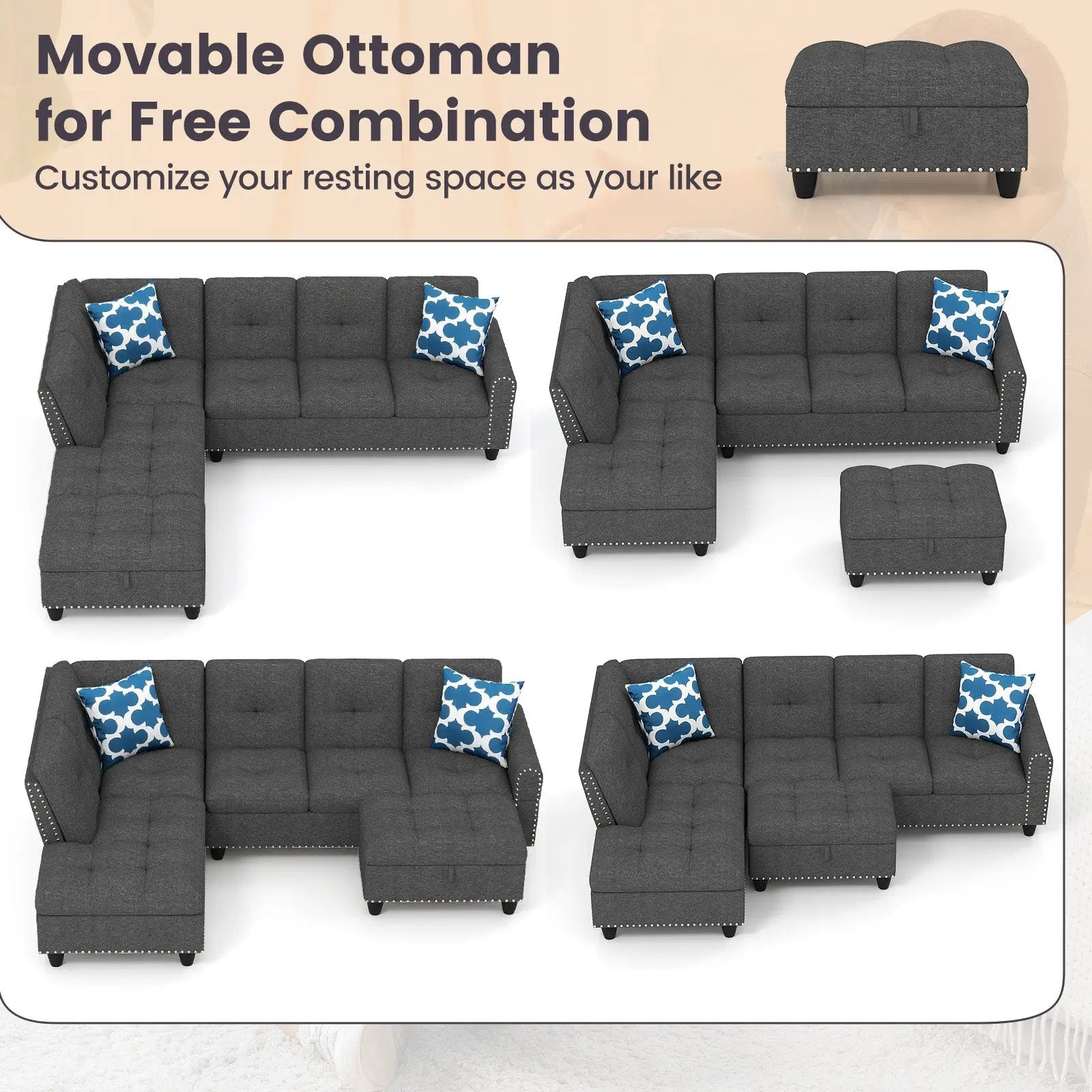 98 Inches Sectional Sofa Couch with Movable Storage Ottoman and Linen Fabric Backs by DirectDeals