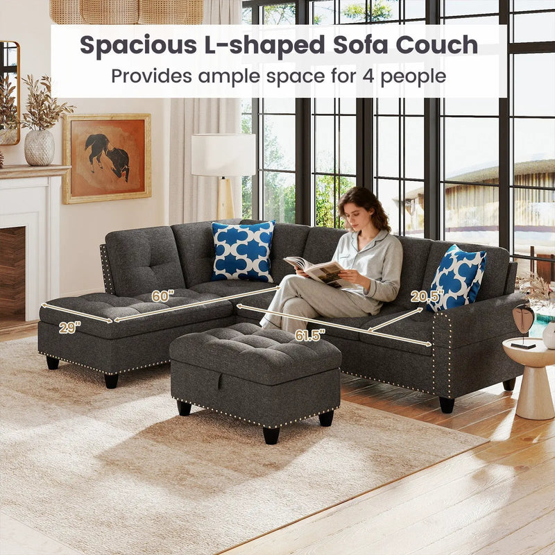 98 Inches Sectional Sofa Couch with Movable Storage Ottoman and Linen Fabric Backs by DirectDeals
