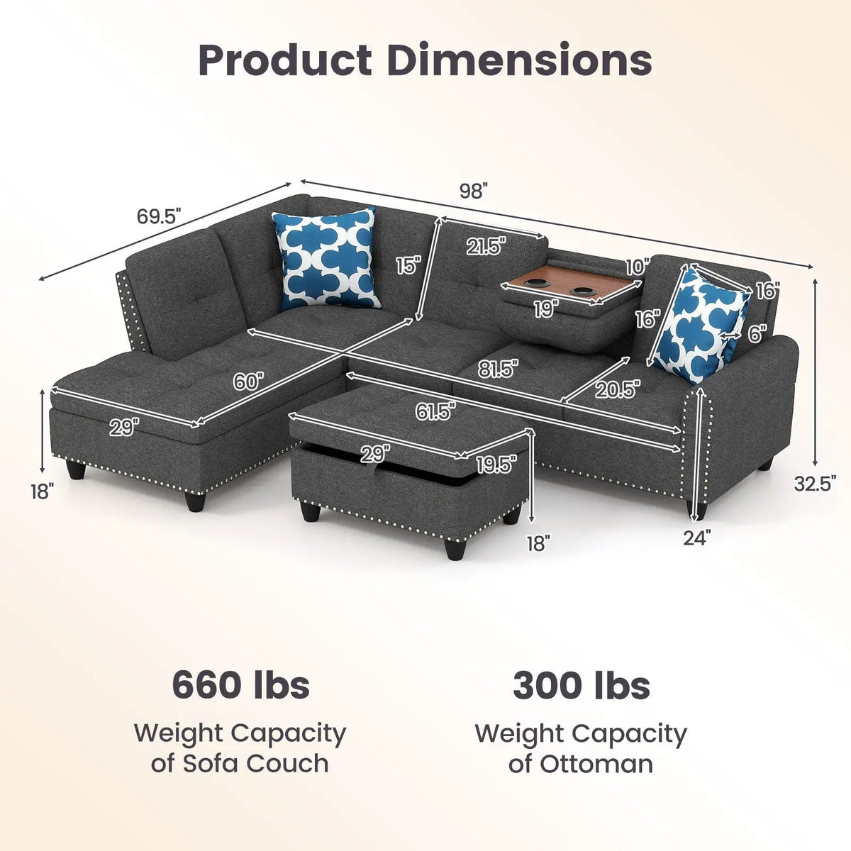 98 Inches Sectional Sofa Couch with Movable Storage Ottoman and Linen Fabric Backs by DirectDeals
