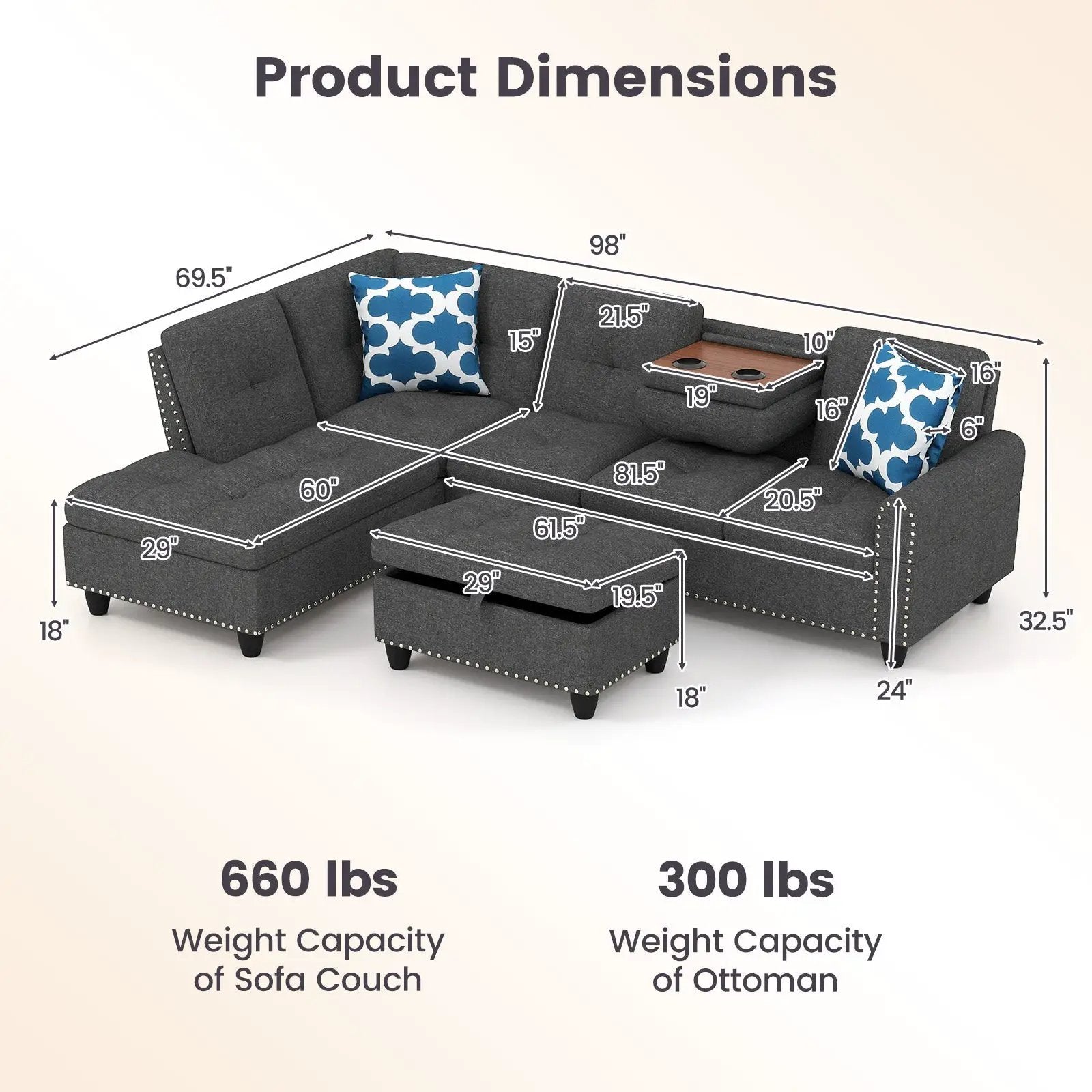 98 Inches Sectional Sofa Couch with Movable Storage Ottoman and Linen Fabric Backs by DirectDeals