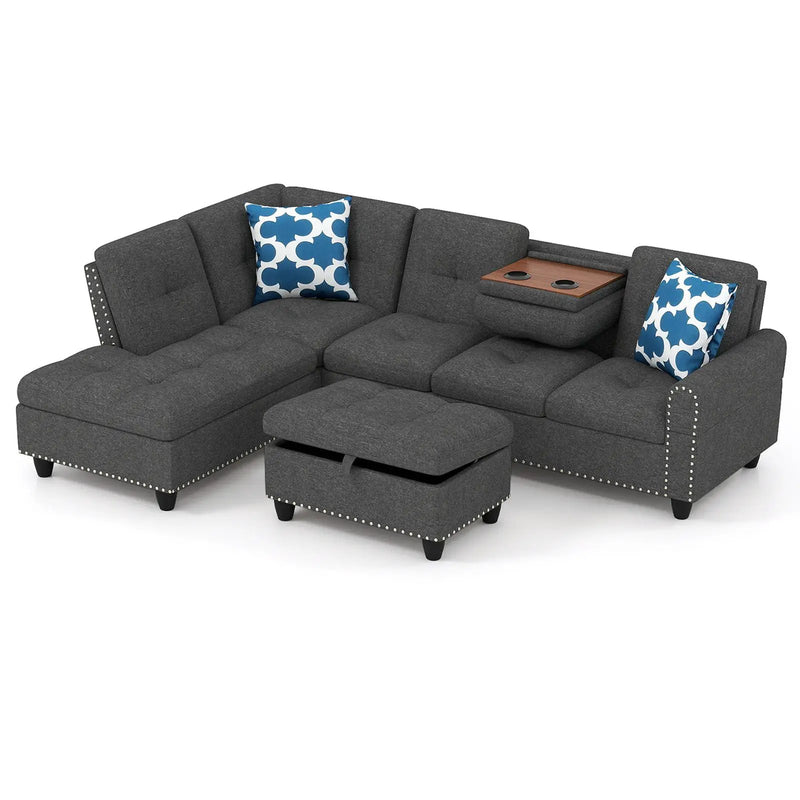 98 Inches Sectional Sofa Couch with Movable Storage Ottoman and Linen Fabric Backs by DirectDeals