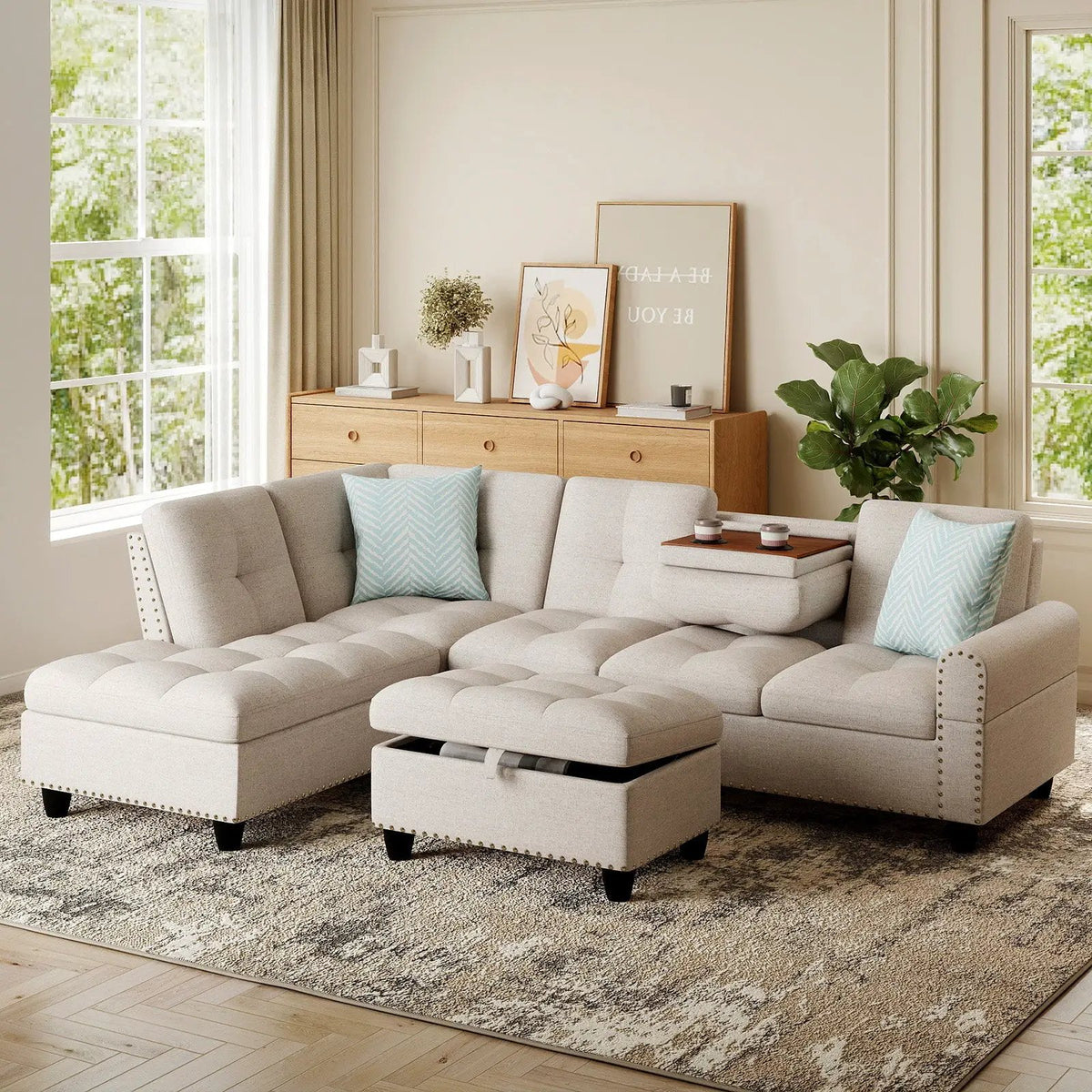 98 Inches Sectional Sofa Couch with Movable Storage Ottoman and Linen Fabric Backs by DirectDeals