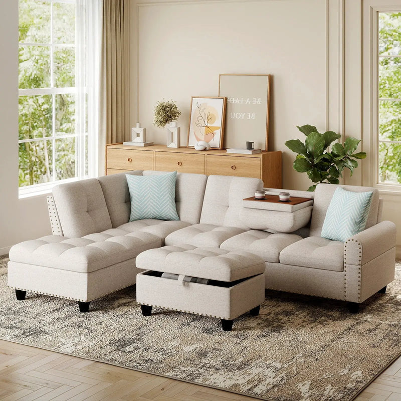 98 Inches Sectional Sofa Couch with Movable Storage Ottoman and Linen Fabric Backs by DirectDeals