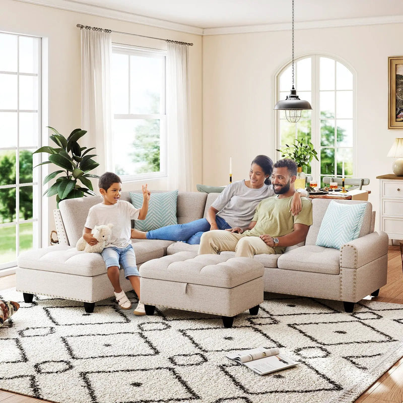 98 Inches Sectional Sofa Couch with Movable Storage Ottoman and Linen Fabric Backs by DirectDeals