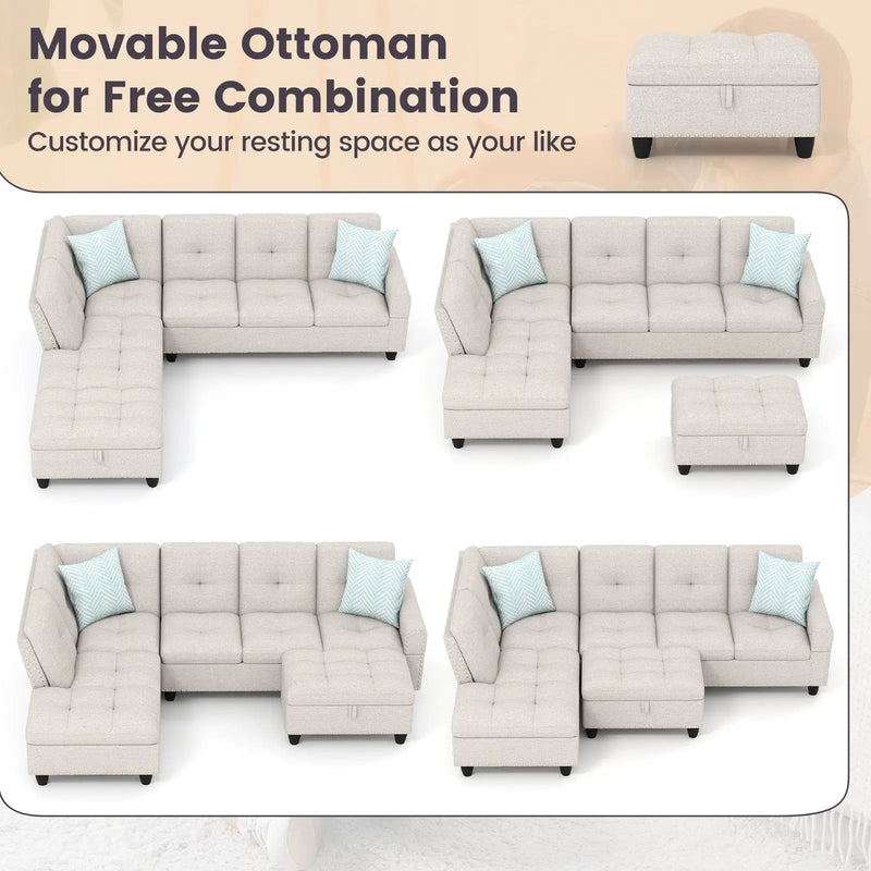 98 Inches Sectional Sofa Couch with Movable Storage Ottoman and Linen Fabric Backs by DirectDeals