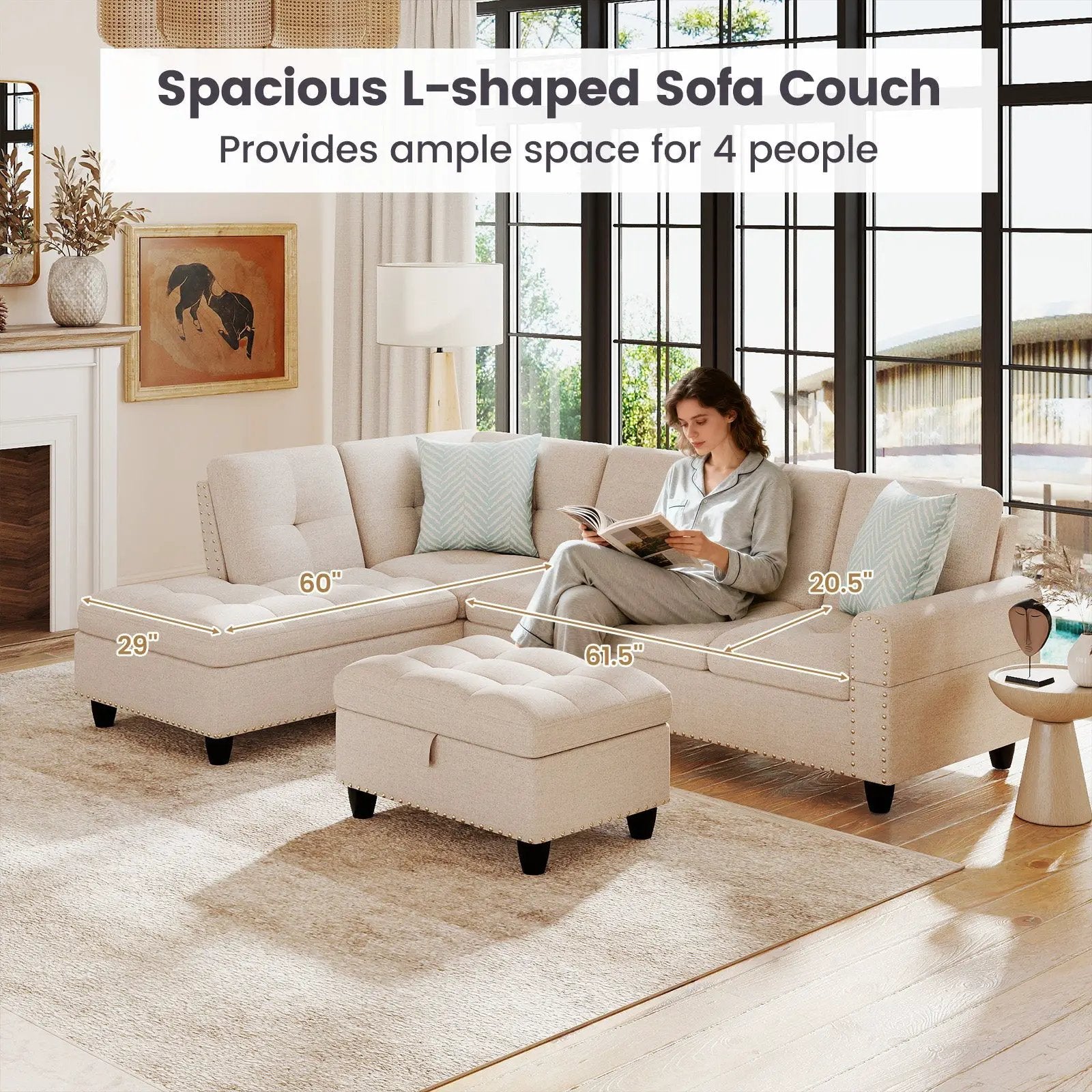 98 Inches Sectional Sofa Couch with Movable Storage Ottoman and Linen Fabric Backs by DirectDeals