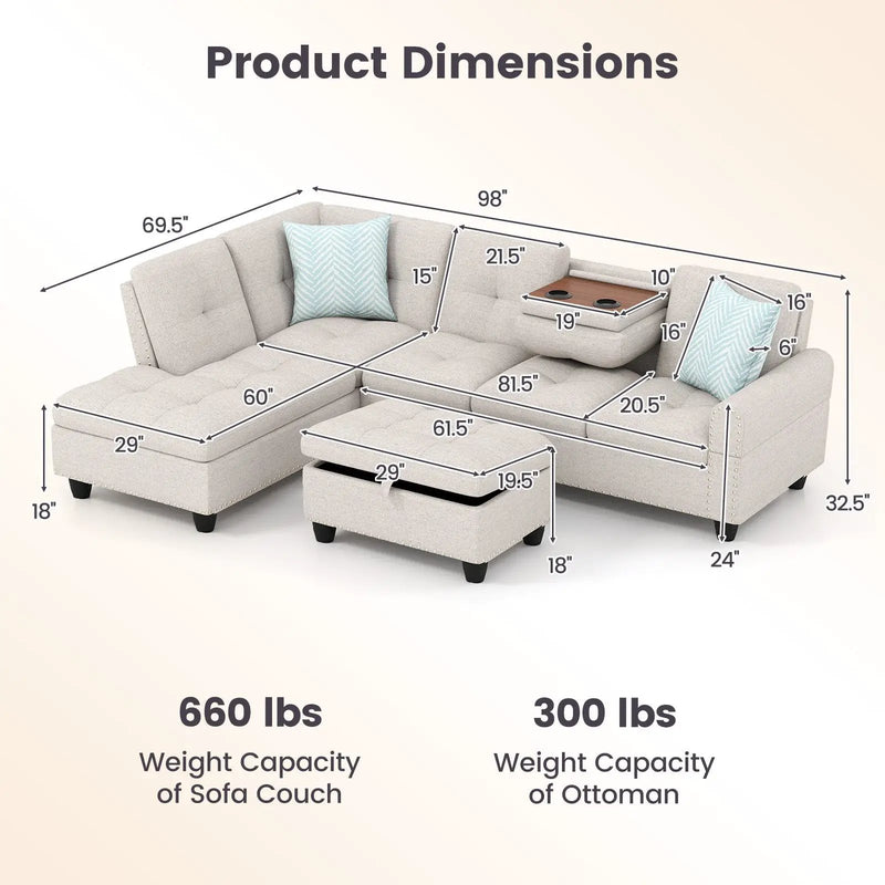 98 Inches Sectional Sofa Couch with Movable Storage Ottoman and Linen Fabric Backs by DirectDeals