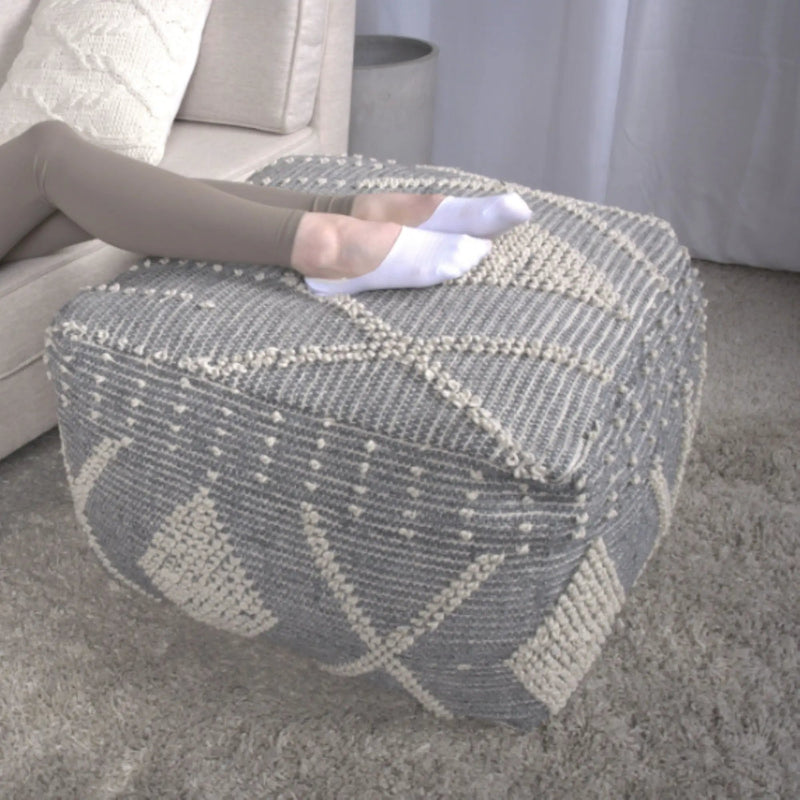 Diamond - Handcrafted Faux Yarn Pouf - Ivory / Gray by HouseOfZazla