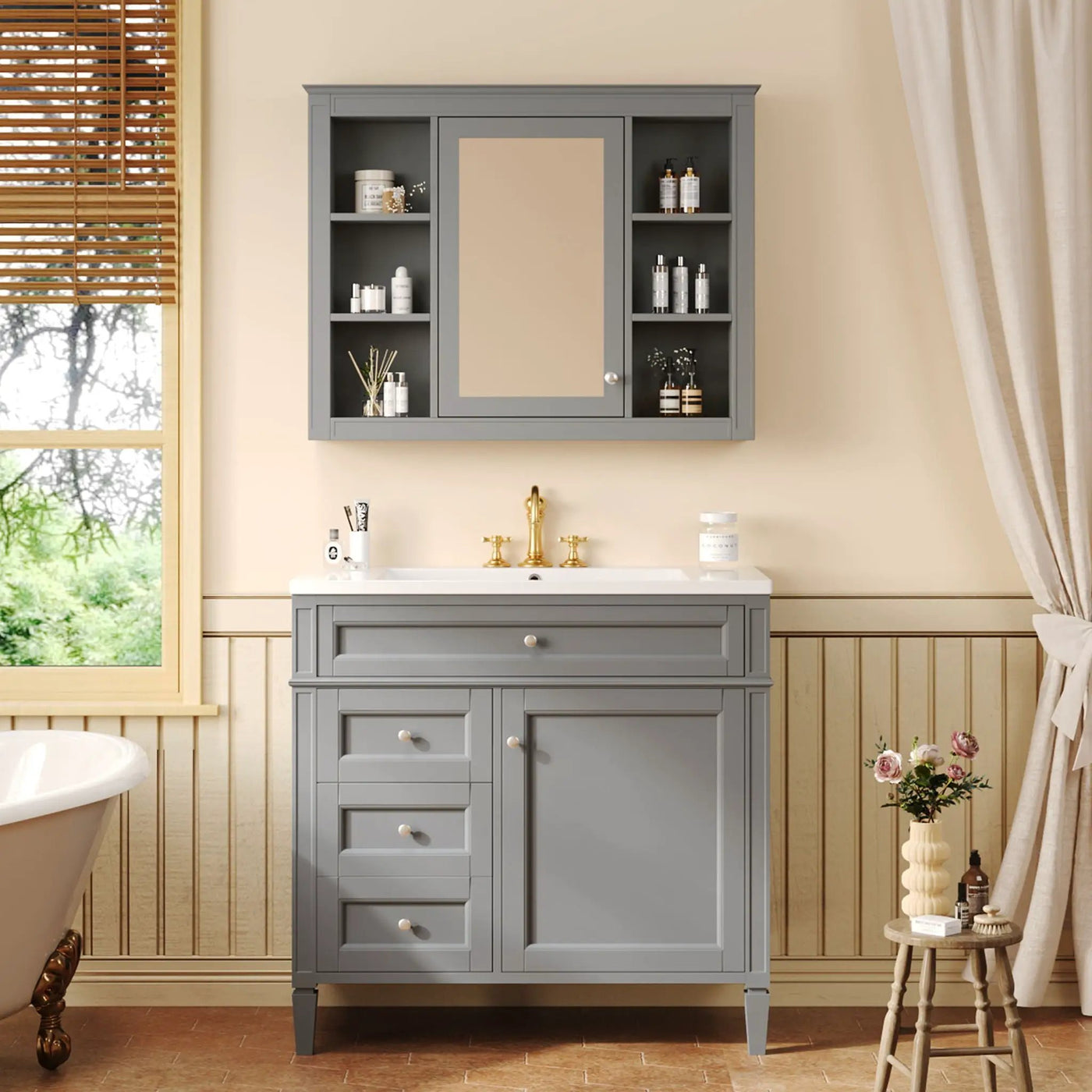 Bathroom Vanity With Mirror Cabinet, Single Sink With 2 Soft Closing Doors And 4 Drawers by HouseOfZazla