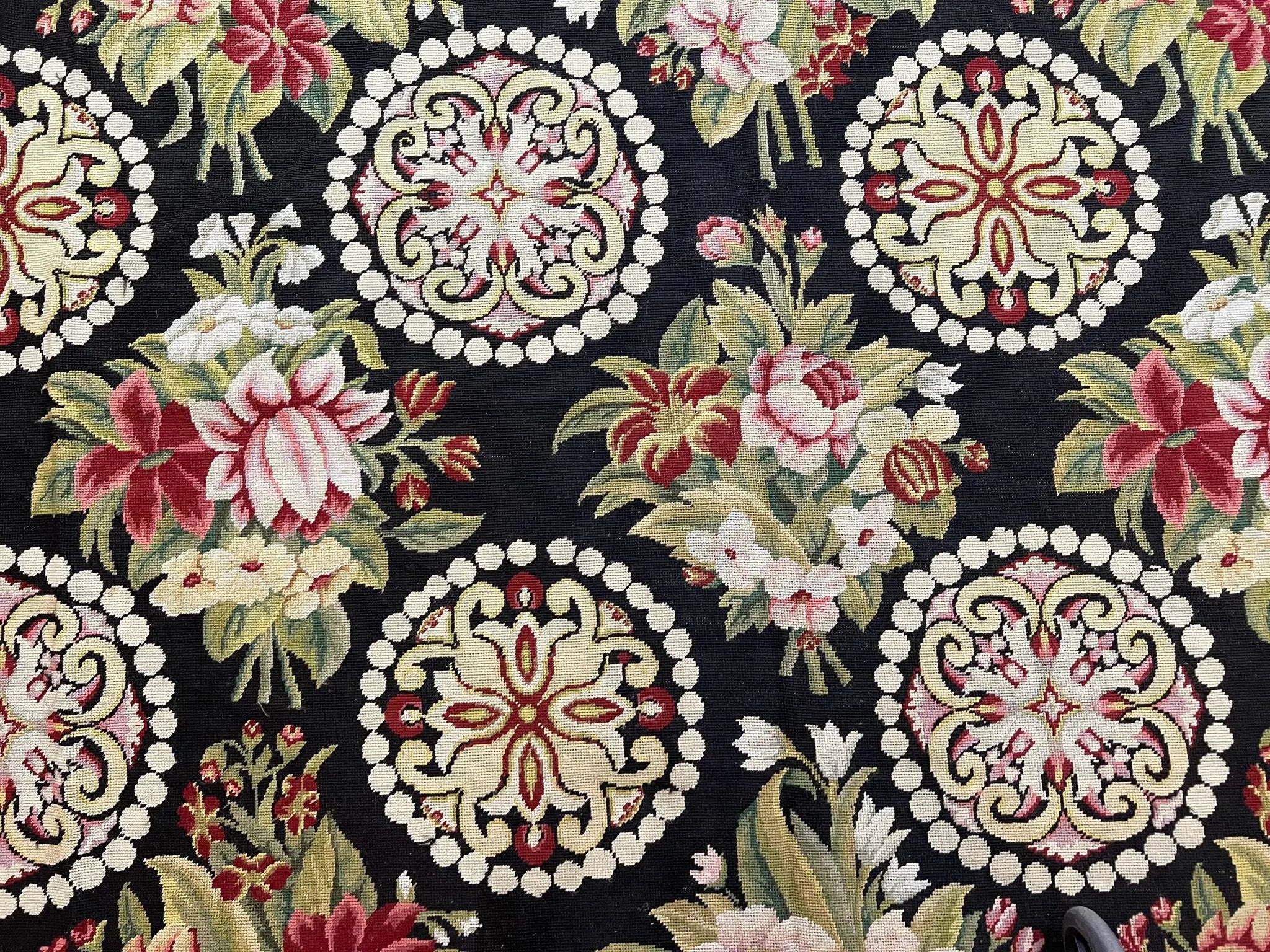 9x12 Black Needlepoint Rug, European Floral Panel Design, Handwoven, Vintage Chinese Needlepoint, Black Green Beige, Wool Rug 9 x 12 by Jewel Rugs