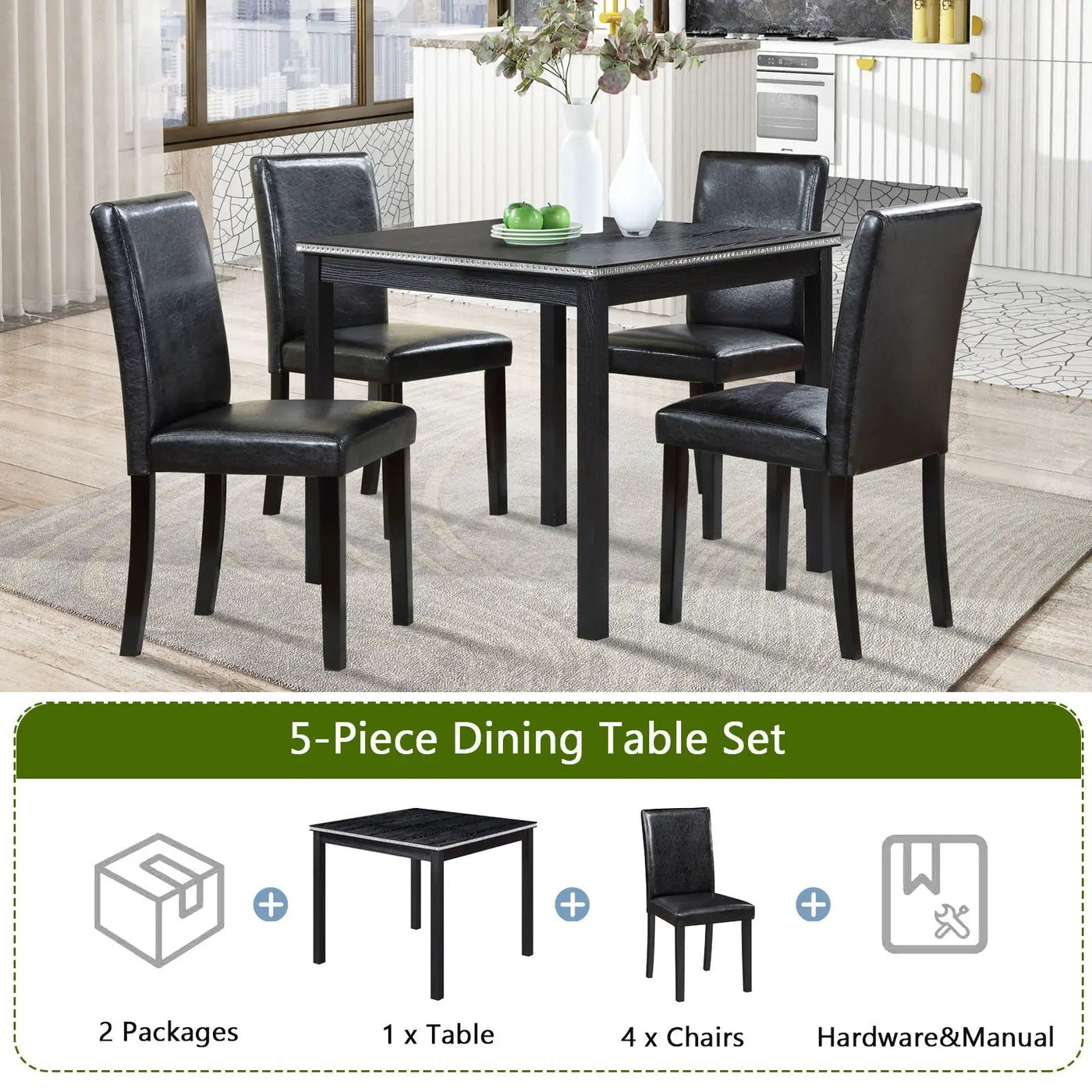 5 Pieces Wooden Dining Table Set, Square Table And 4 Upholstered Chairs by HouseOfZazla