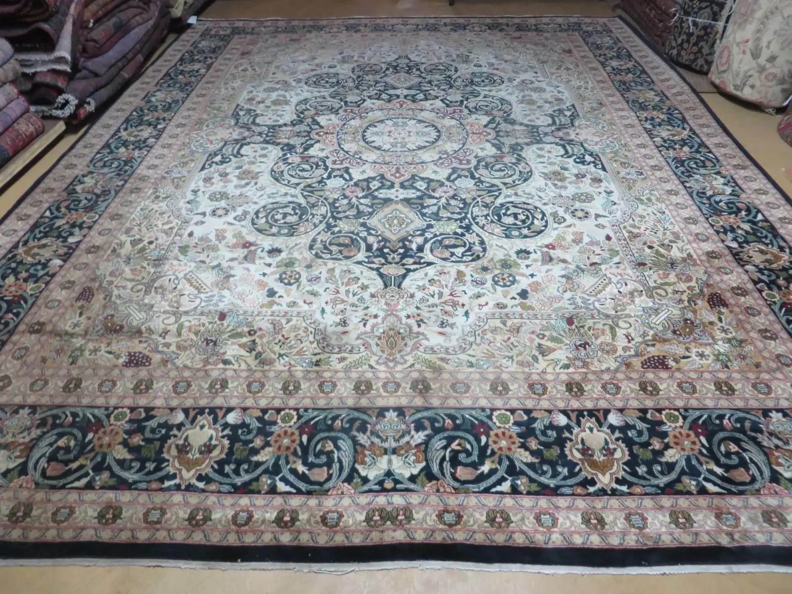Beautiful Sino Persian Rug 9x12, Elegant High Quality Handmade Wool Oriental Carpet, Medallion with Corner Design, Floral, Black and Ivory by Jewel Rugs