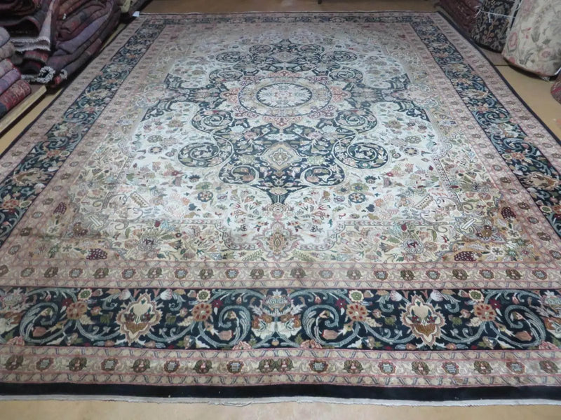 Beautiful Sino Persian Rug 9x12, Elegant High Quality Handmade Wool Oriental Carpet, Medallion with Corner Design, Floral, Black and Ivory by Jewel Rugs