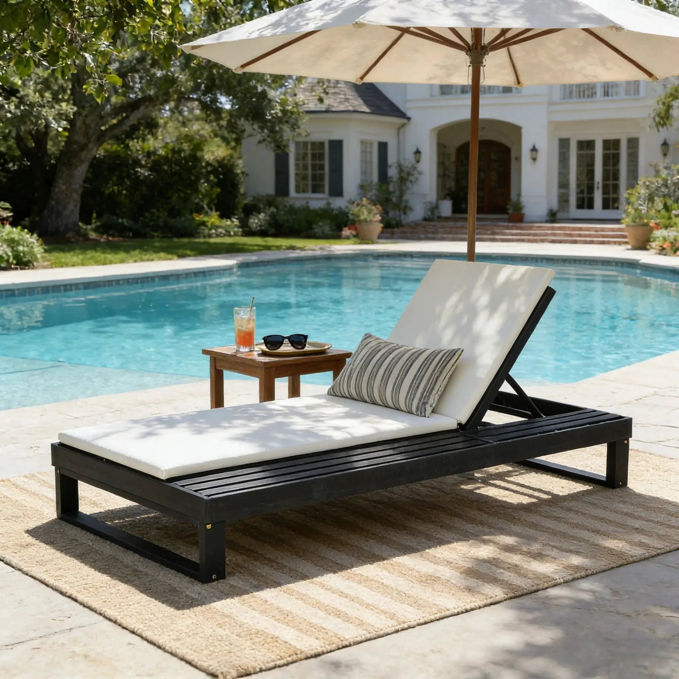 Black Acacia Wood Chaise Lounge with 1.57-Inch Cushions by HouseOfZazla