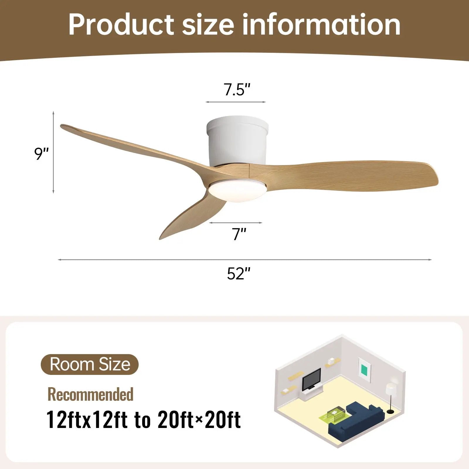 Flush Mount Ceiling Fan With Dimmable LED Light, 3 Blades, Reversible DC Motor Blades For Living Room by Unique Piece Furniture