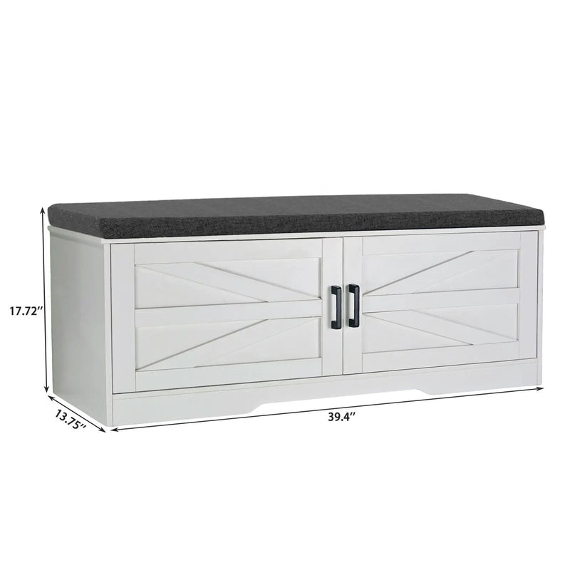 2 Tier Shoe Bench With Padded Seat, 2 Barn Doors And Adjustable Shelves, For Entryway And Living Room - White by Unique Piece Furniture